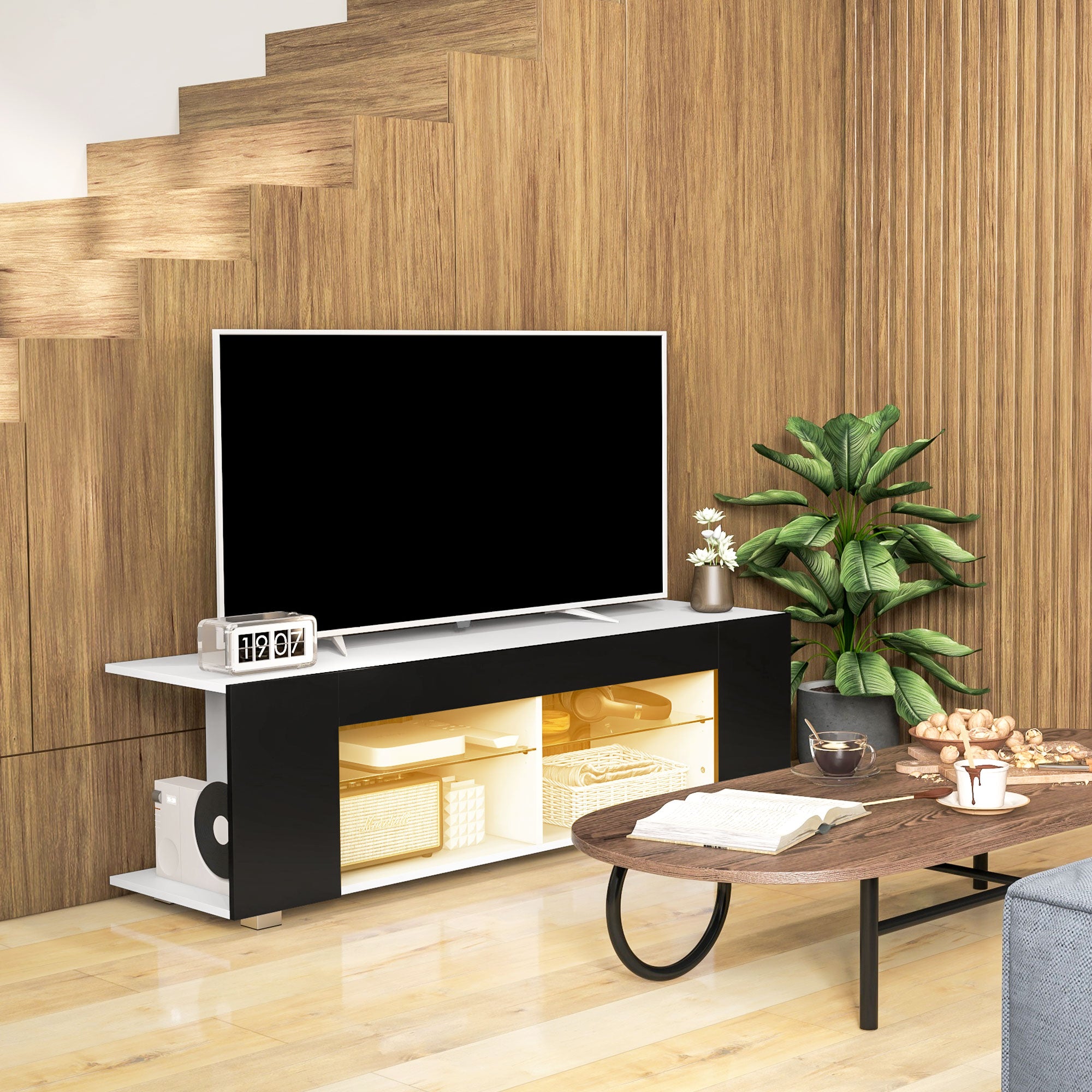 HOMCOM Multi-Shelf TV Cabinet, with Adjustable LED Lights - Black - North Peak Garden Furniture