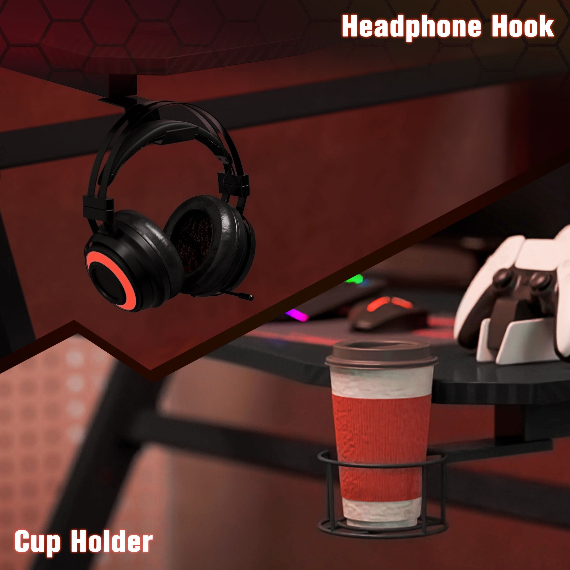 HOMCOM Gaming Desk 120 x 65 cm Steel Frame with Cup Holder, Headphone Hook, Adjustable Feet and Cable Organiser, Home Office Computer Table, Black - North Peak Garden Furniture