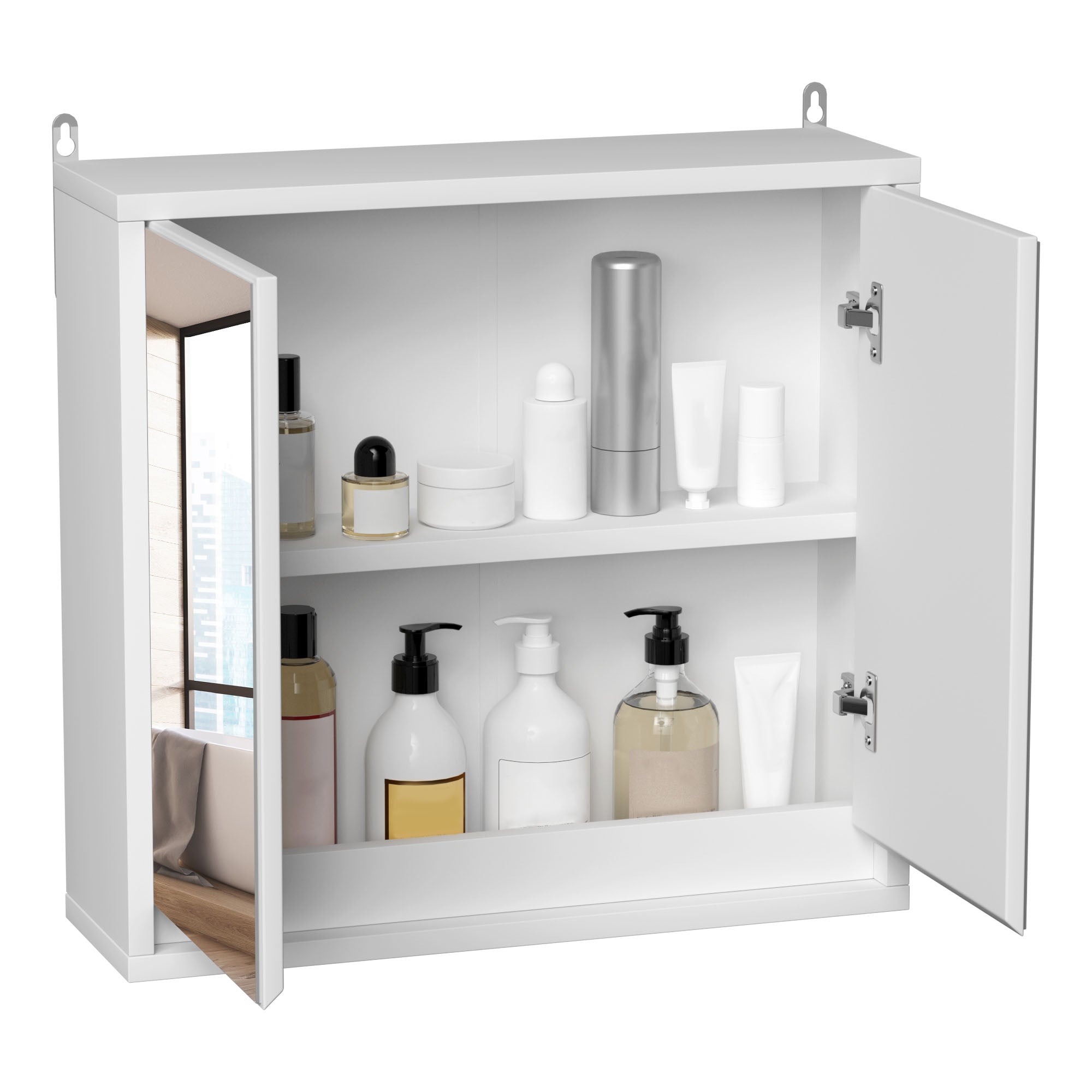 HOMCOM Bathroom Mirror Cabinet Wall Mounted Storage Shelf Bathroom Cupboard Double Door, White - North Peak Garden Furniture
