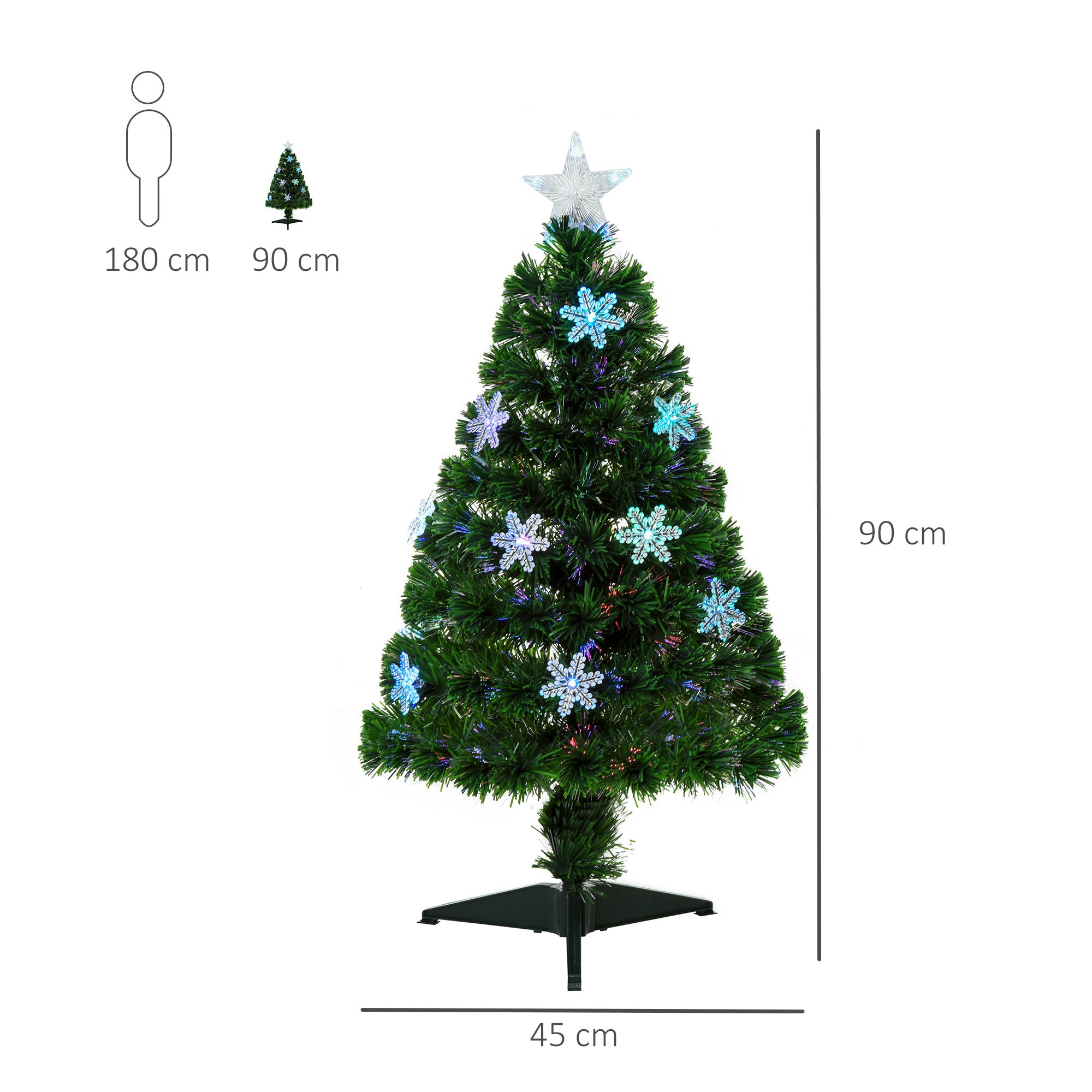 HOMCOM 3FT Green Fibre Optic Artificial Christmas Tree Xmas Colourful LED Scattered Tree with Snowflakes Ornaments Fireproofing - North Peak Garden Furniture