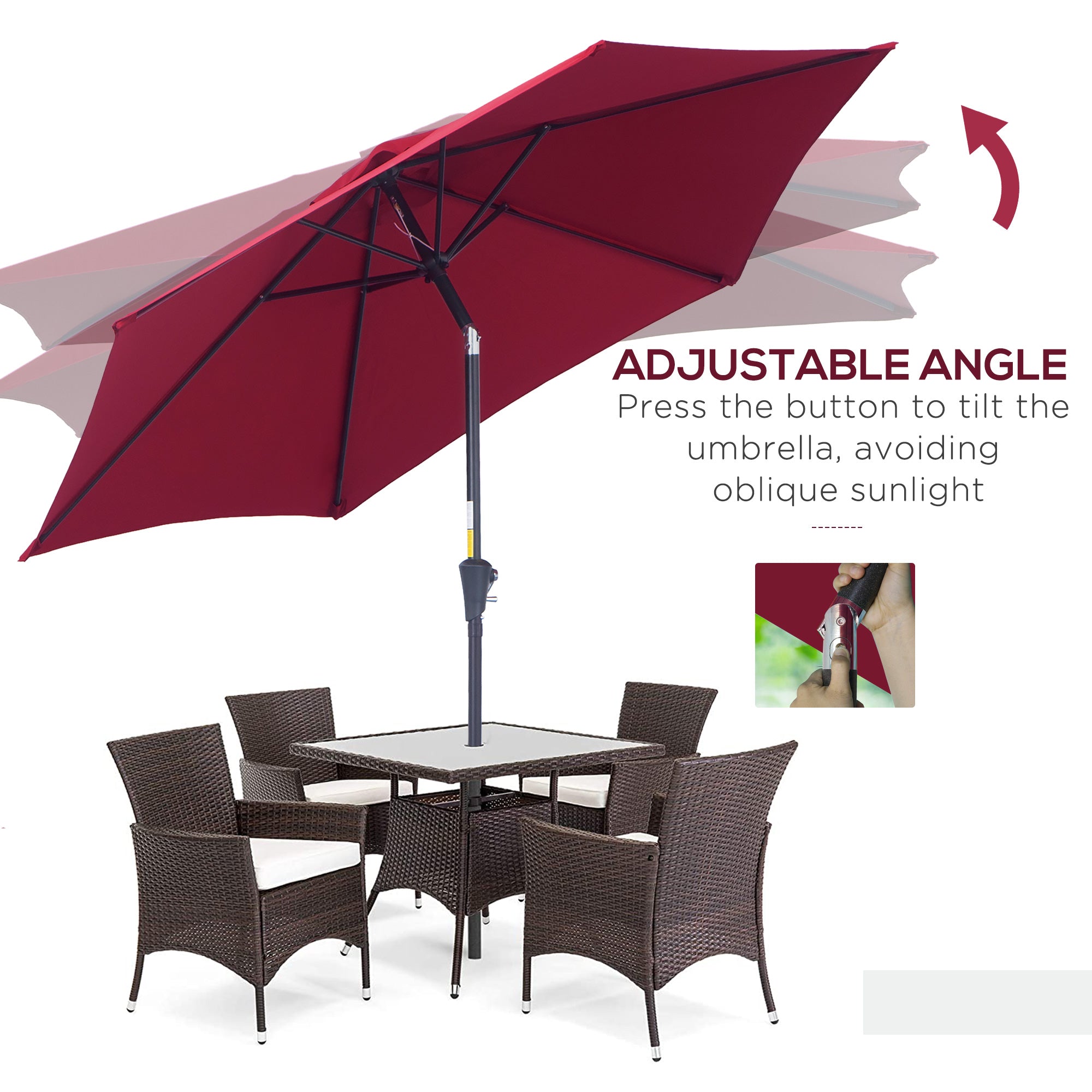 Outsunny Tilting Garden Parasol: Crank-Operated Sun Shade with Aluminium Frame, Wine Red, 2.7M