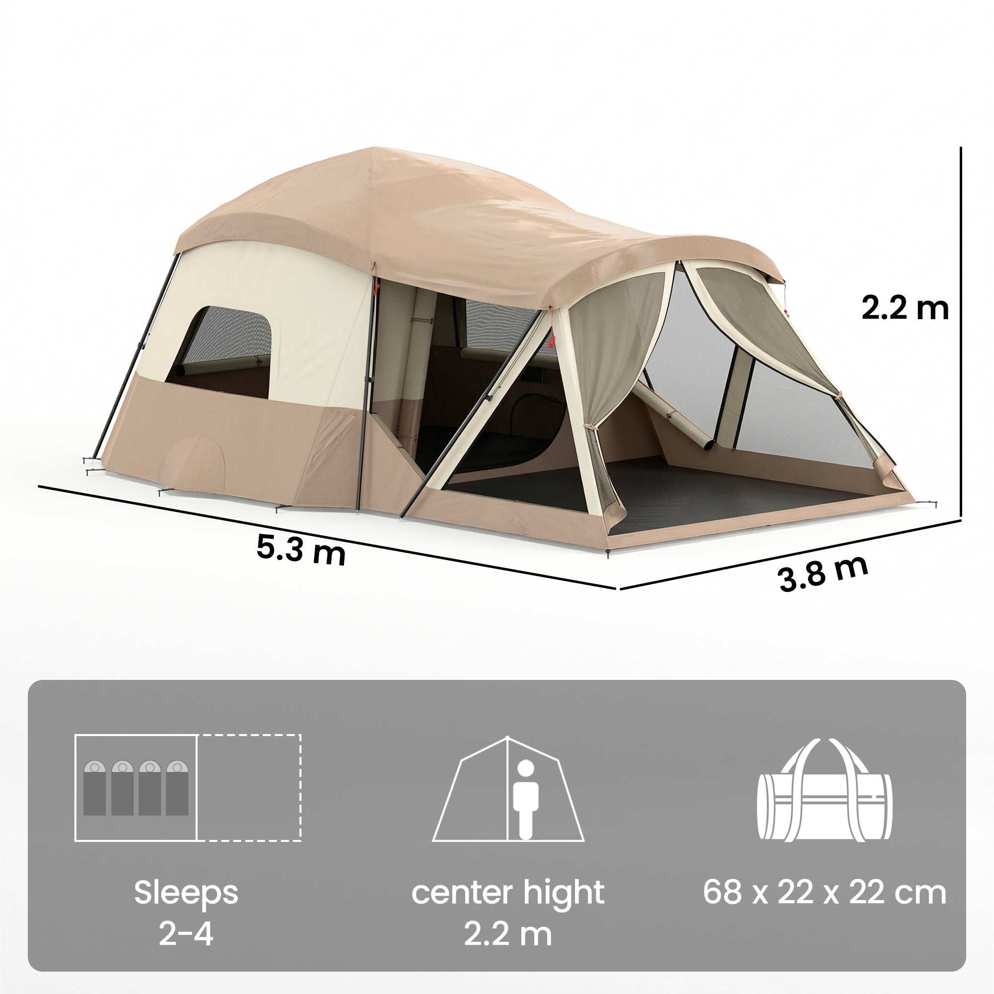 Outsunny Cabin Tent Waterproof Camping Tent with Two Room for 4 Person Brown