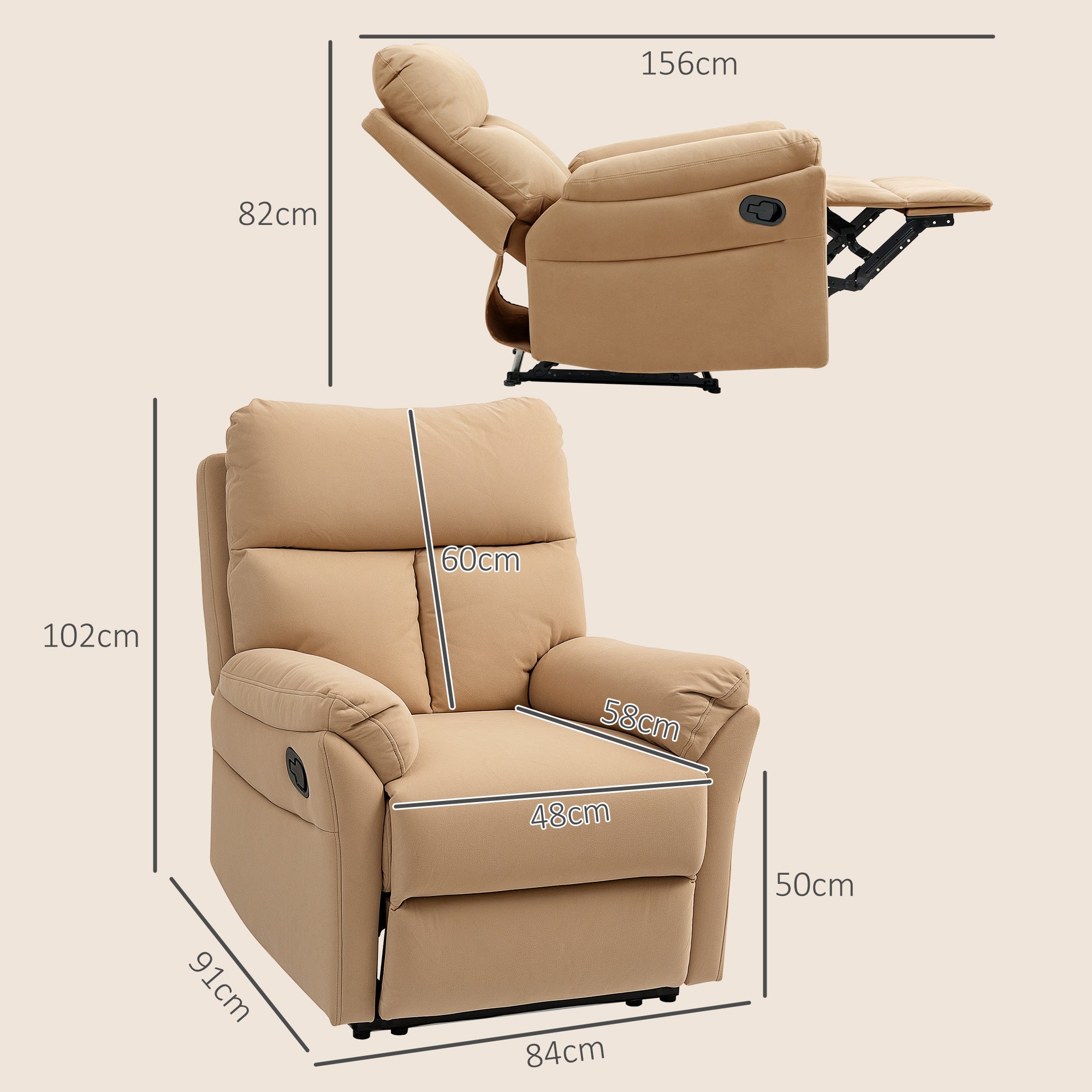HOMCOM 140° Manual Reclining Armchair, with Footrest - Light Brown - North Peak Garden Furniture