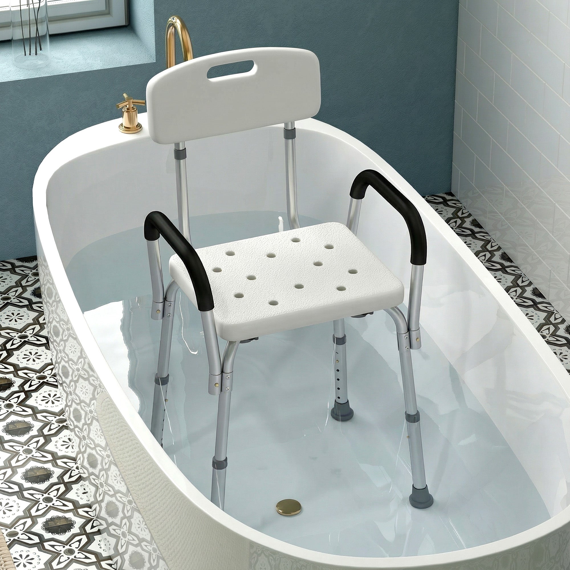 HOMCOM Adjustable Shower Chair, Shower Seat, Portable Medical Stool with Adjustable Back and Armrest for Mobility