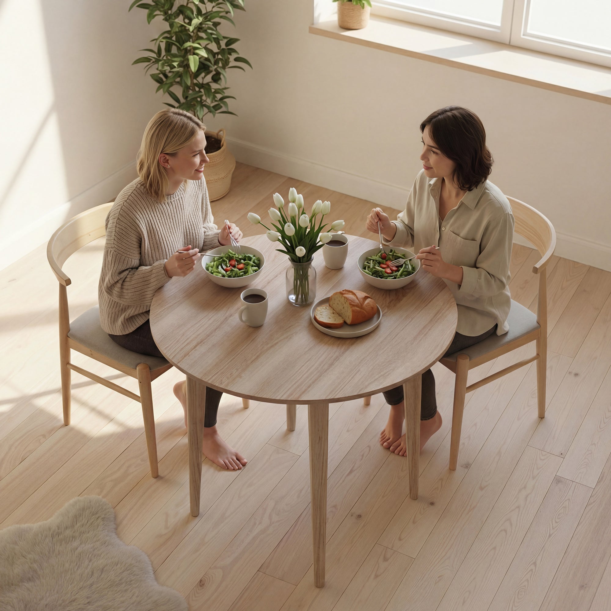 HOMCOM Folding Dining Table for 4, Round Drop Leaf Table, Modern Space Saving Small Kitchen Table with Wood Legs for Dining Room, Natural