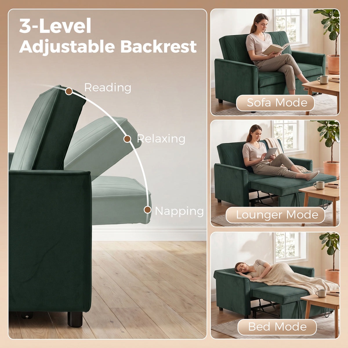 HOMCOM 2 Seater Sofa Bed, 3-in-1 Convertible Pull Out Sleeper Sofa with Click-Clack Adjustable Backrest, Dark Green