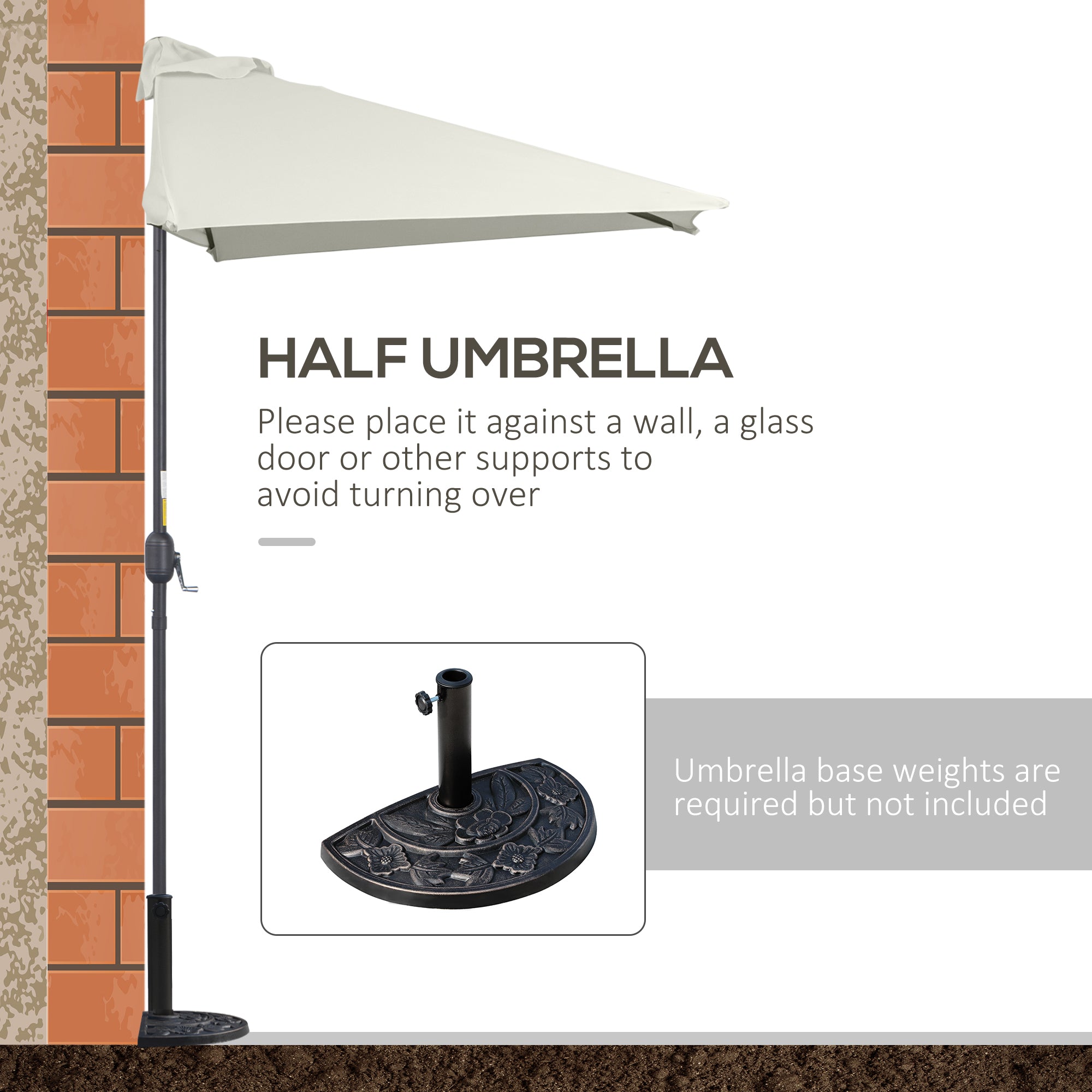 Outsunny Balcony Half Parasol Semi Round Umbrella Patio Crank Handle (2.3 m, Beige)- NO BASE INCLUDED - North Peak Garden Furniture