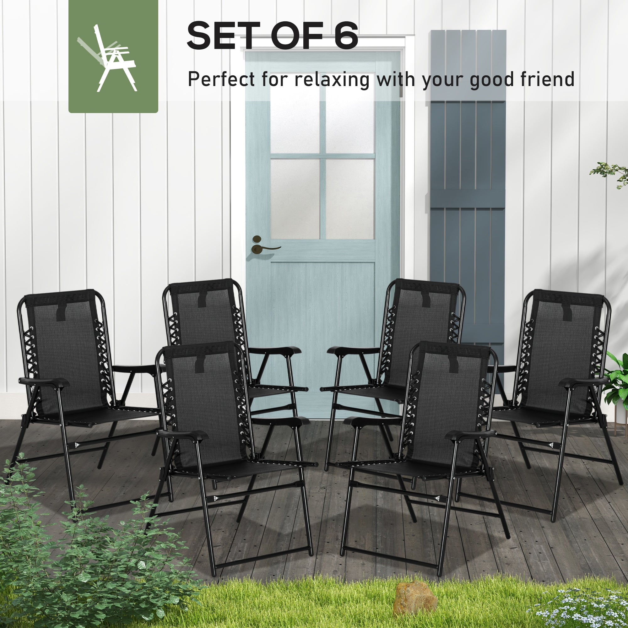 Outsunny 6 Pcs Patio Folding Chair Set, Outdoor Portable Loungers for Camping Pool Beach Deck, Lawn w/ Armrest Steel Frame Black - North Peak Garden Furniture