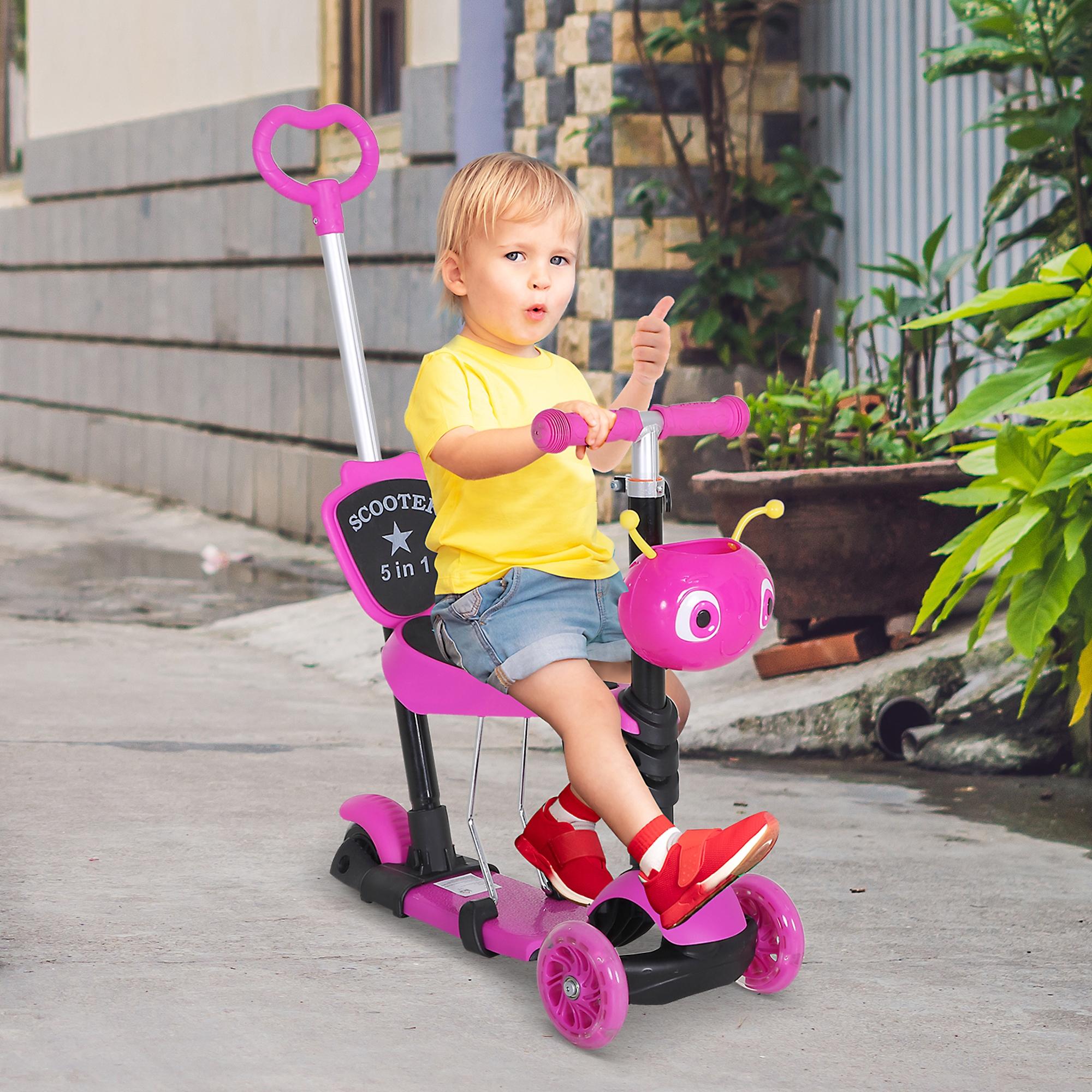 HOMCOM 5-in-1 Kids Toddler 3 Wheels Mini Kick Scooter Push Walker with Removable Seat & Back Rest for Girls and Boys Pink - North Peak Garden Furniture