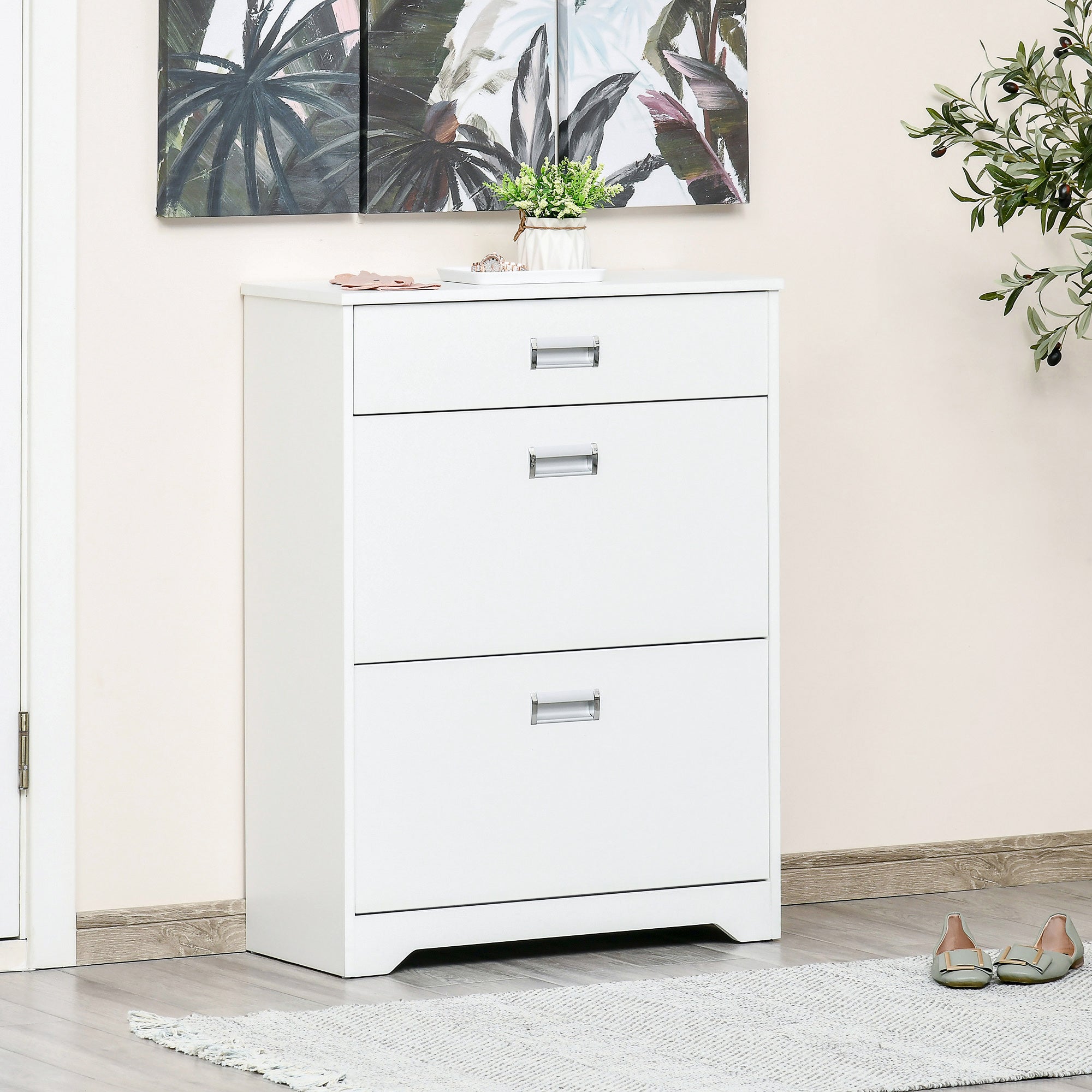 HOMCOM Shoe Cabinet, Slim Shoe Storage Cabinet with Drawer, 2 Flip-up Doors and Adjustable Shelf, Narrow Shoe Cupboard for 16 Pairs of Shoes for Entryway, Hallway, White - North Peak Garden Furniture