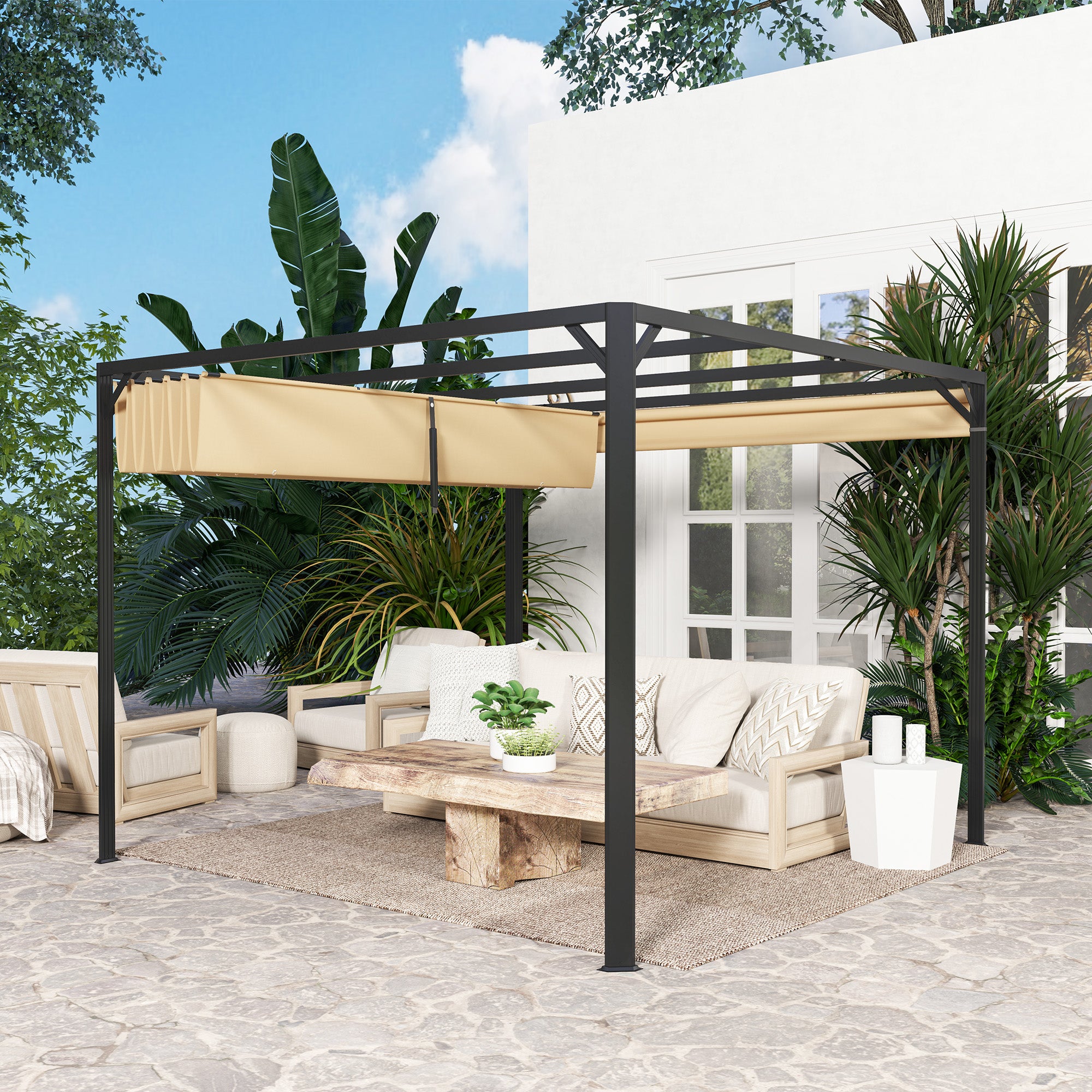 Outsunny 3 x 3m Aluminium Pergola, with Retractable Roof and Wall - Khaki - North Peak Garden Furniture