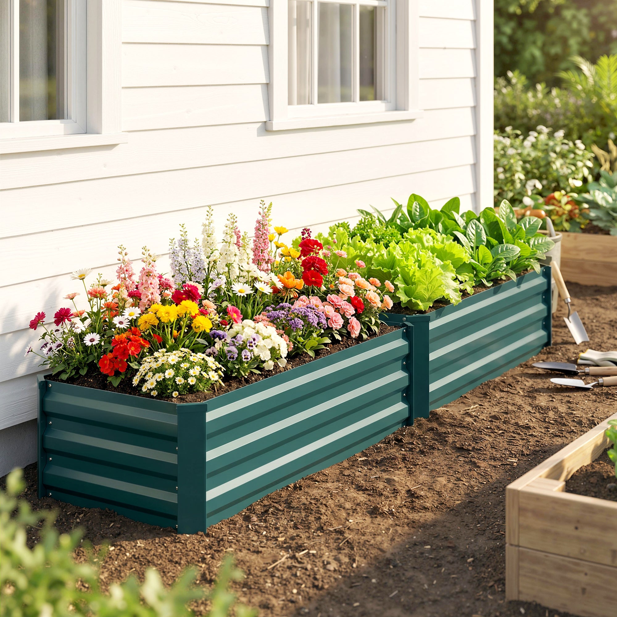 Outsunny Set of Two 60 x 100cm Galvanised Steel Planters, Green