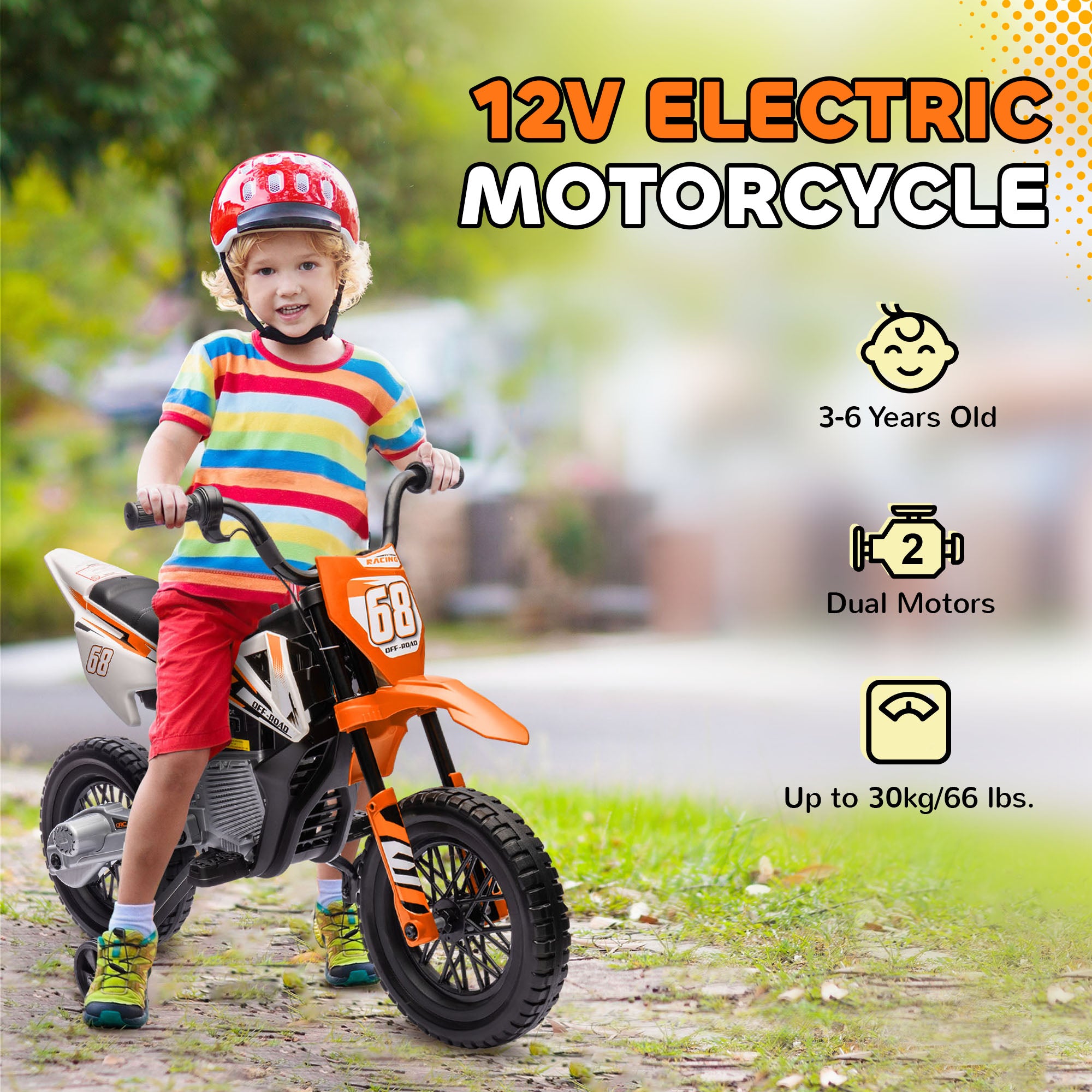AIYAPLAY 12V Kids Electric Motorbike, Kids Electric Ride on motorcycle w/ Twist Grip Throttle, Training Wheels, Orange - North Peak Garden Furniture