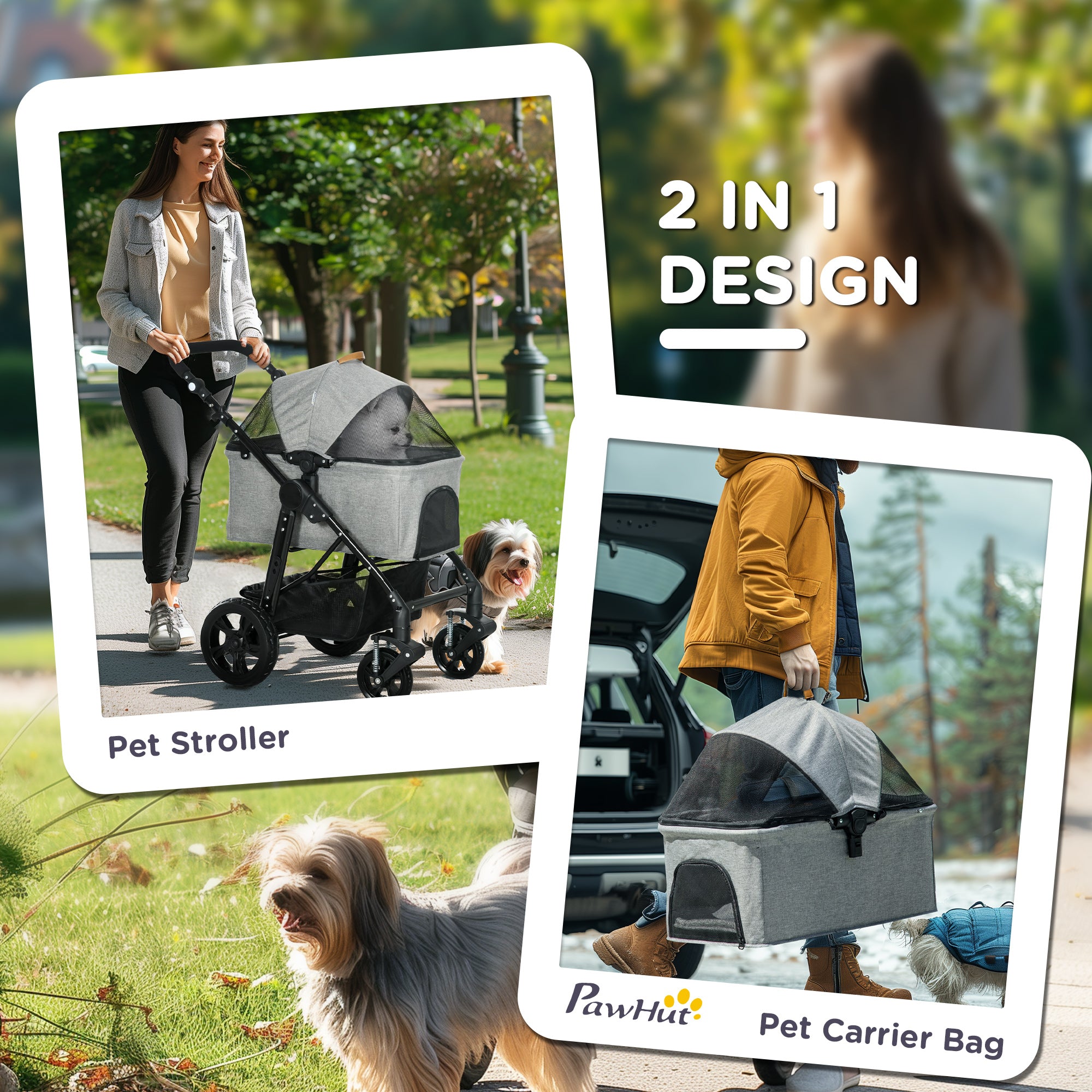 PawHut Dog Pram Pet Stroller for Small Dogs Cats, Foldable Dog Pushchair Trolley with Detachable Pet Carrier Bag, Shock Absorber, Adjustable Handlebar, Grey - North Peak Garden Furniture