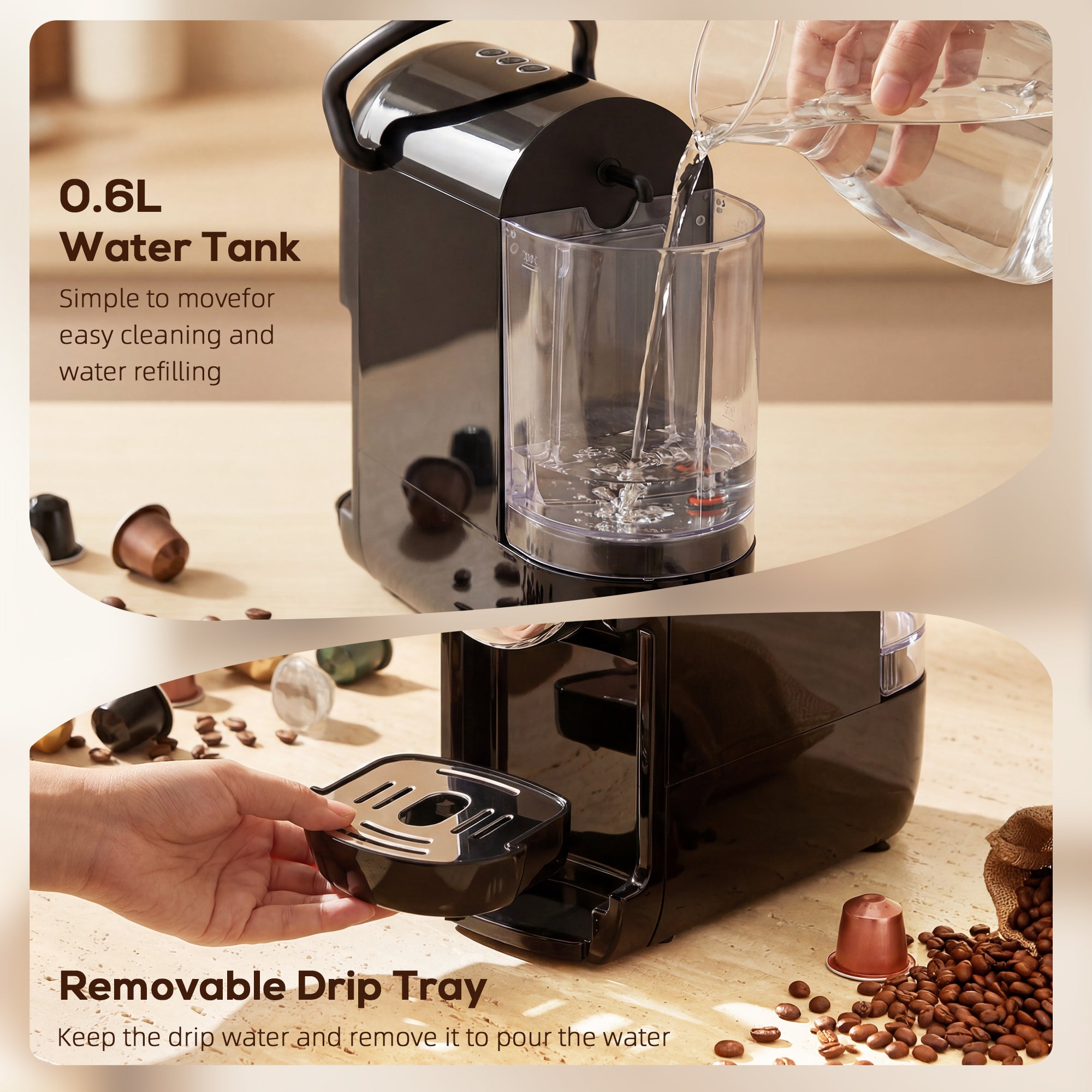 HOMCOM Pod Coffee Machine for Nespresso, Dolce Gusto Capsule & Ground Coffee, Small Semi Automatic Coffee Maker, 19 Bar, 0.6L