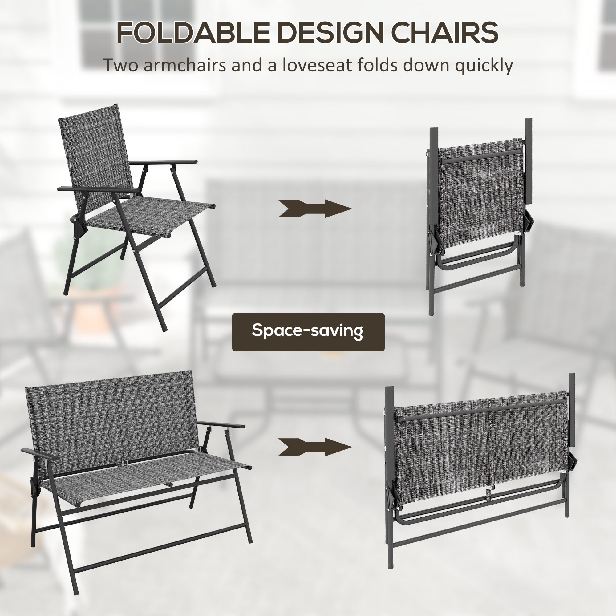 Outsunny Outdoor 4 Pieces Patio Furniture Set with Breathable Mesh Fabric Seat & Backrest, Garden Set with Two Foldable Armchairs, a Loveseat & Glass Top Table, Mixed Grey - North Peak Garden Furniture