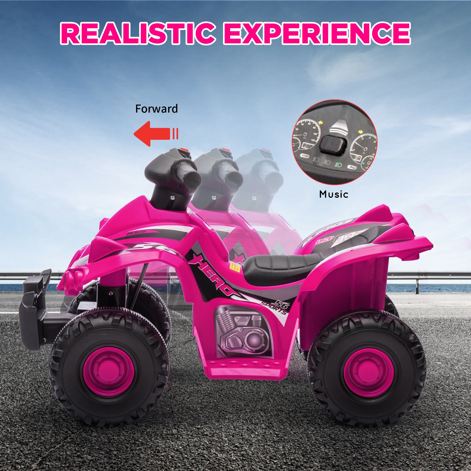 AIYAPLAY 6V Kids Electric Quad Bike w/ Music, Forward Function, for 2-6 Years, Pink