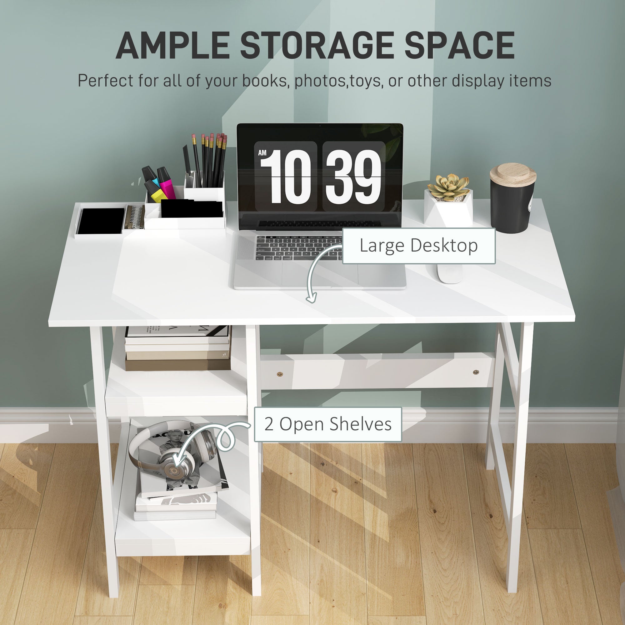 HOMCOM Compact Computer Desk with Storage Shelves, Study Table with Bookshelf, PC Table Workstation for Home Office, Study, Easy Assembly, 106 x 51cm, White - North Peak Garden Furniture