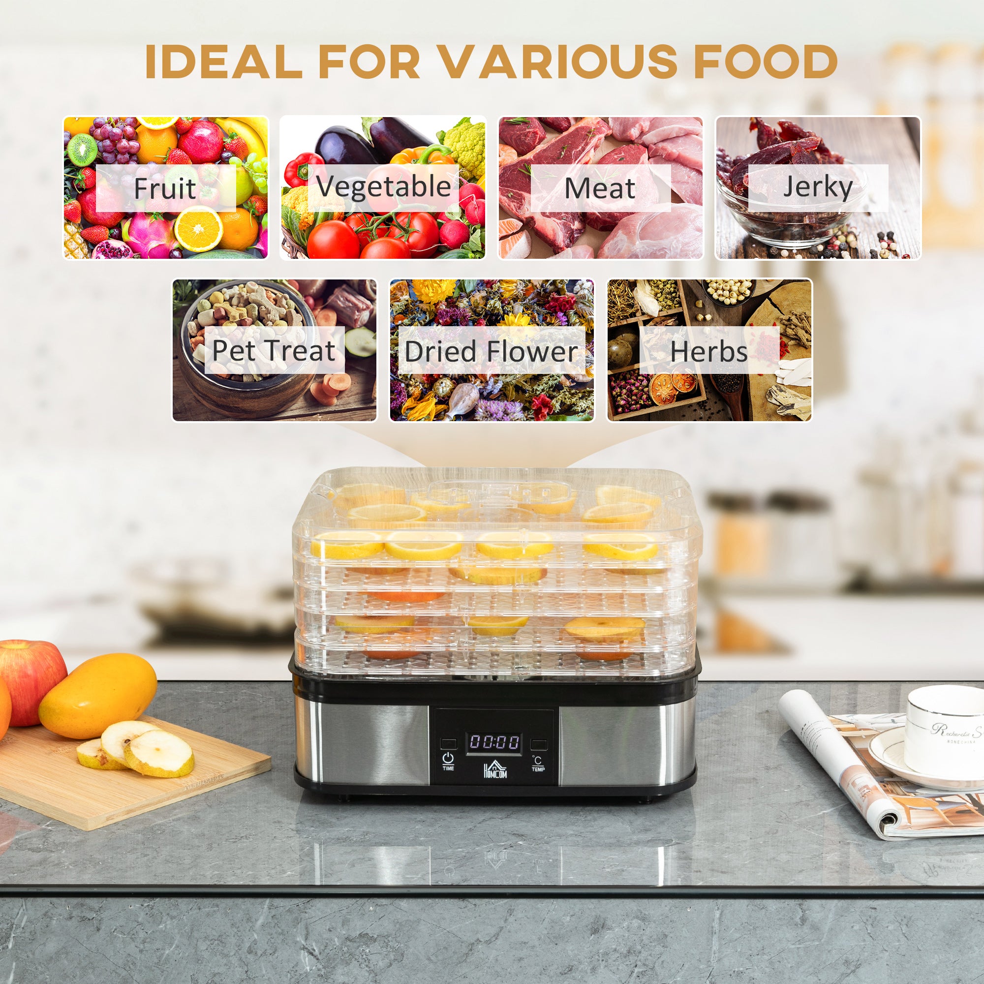 HOMCOM 5 Tier Food Dehydrator, 245W Stainless Steel Food Dryer Machine with Adjustable Temperature, Timer and LCD Display for Drying Fruit, Meat, Vegetable, Jerky and Pet Treat, Black - North Peak Garden Furniture
