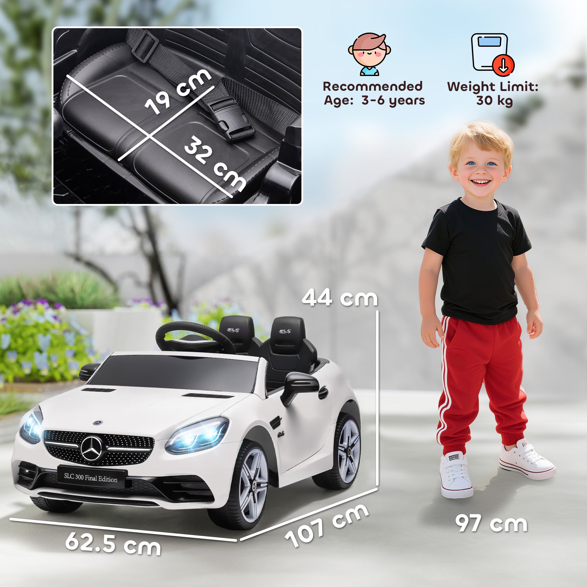 AIYAPLAY Benz SLC 300 Licensed 12V Kids Electric Ride On Car with Parental Remote Two Motors Music Lights Suspension Wheels for 3-6 Years White