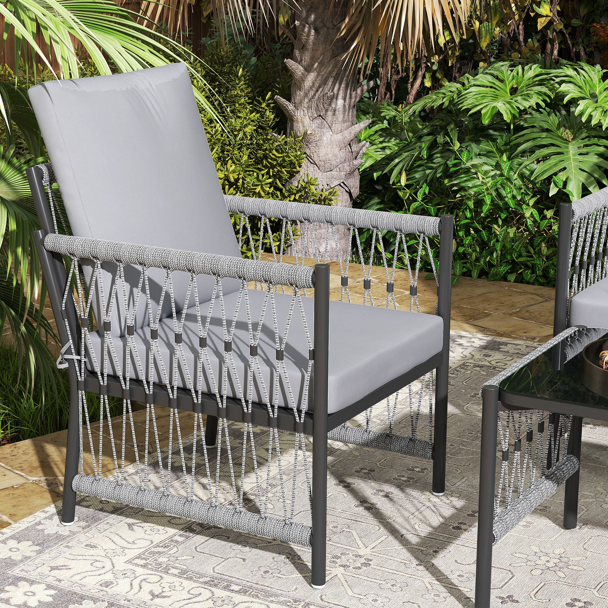 Outsunny 4 Piece Rattan Garden Furniture Set, 4 Seater Wicker Patio Conversation Set with 2 Armchairs, Loveseat, Glass Top Coffee Table and Cushions for Outdoor, Balcony, Grey - North Peak Garden Furniture