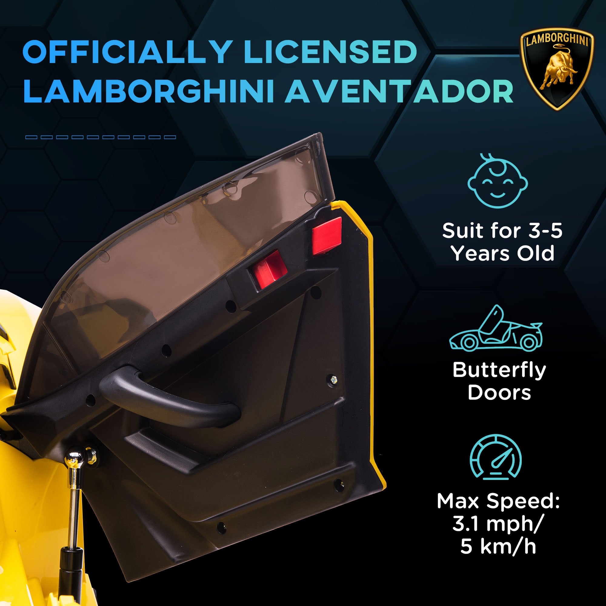 HOMCOM Lamborghini Licensed 12V kids Electric Car w/ Butterfly Doors, Remote, Music, Horn, Suspension - Yellow - North Peak Garden Furniture