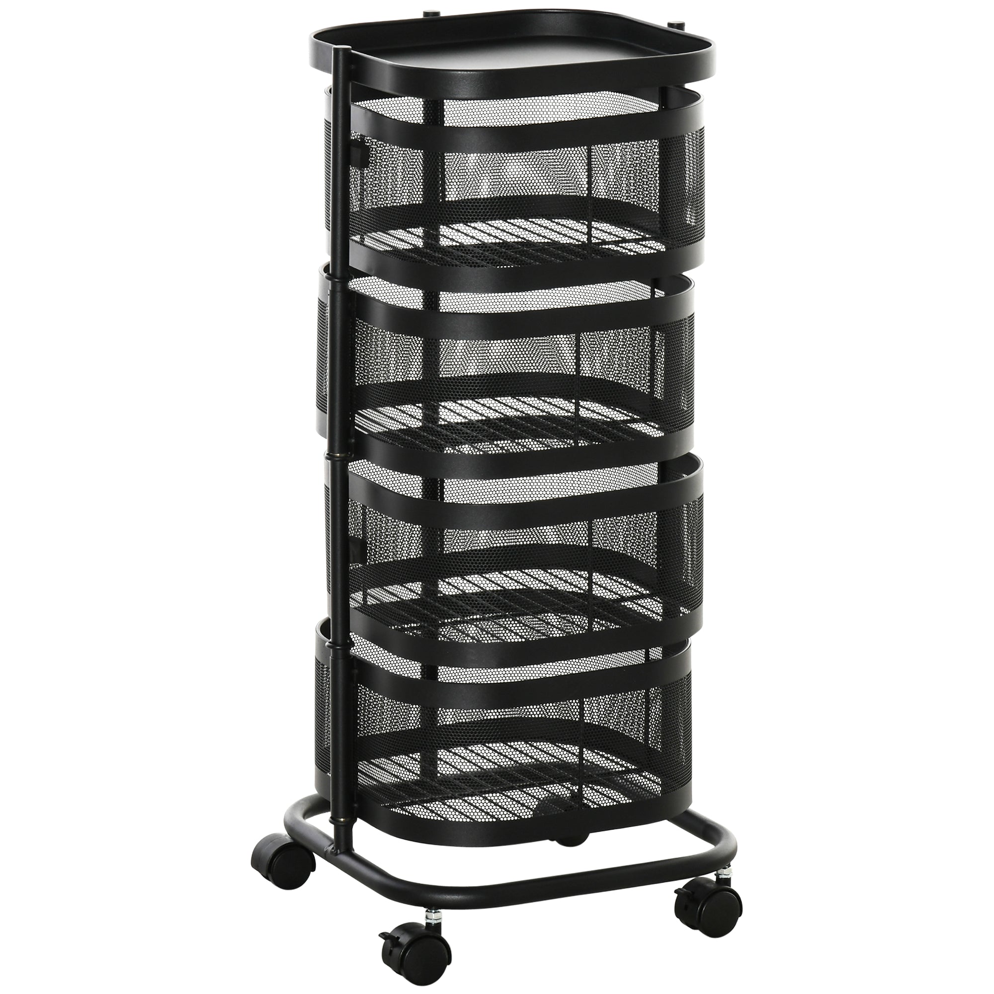 HOMCOM Metal Storage Cart, 4-Tier Storage Trolley on Wheels with 4 Mesh Baskets and Top Tray, Black