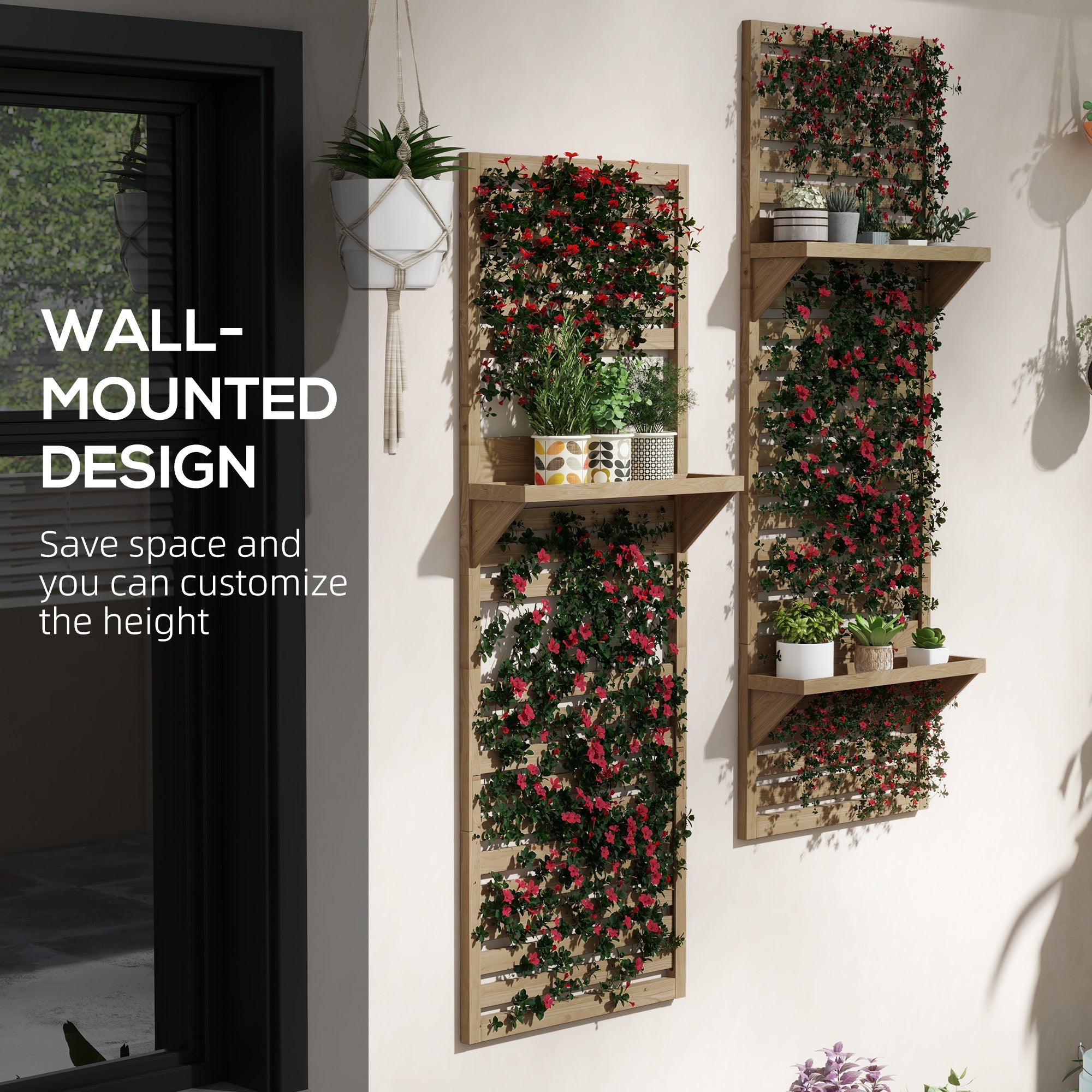Outsunny Wall Mounted Plant Stands Set of 2, Fir Wood Flower Stand with Shelves and Slatted Trellis for Patio, Balcony, Porch - North Peak Garden Furniture