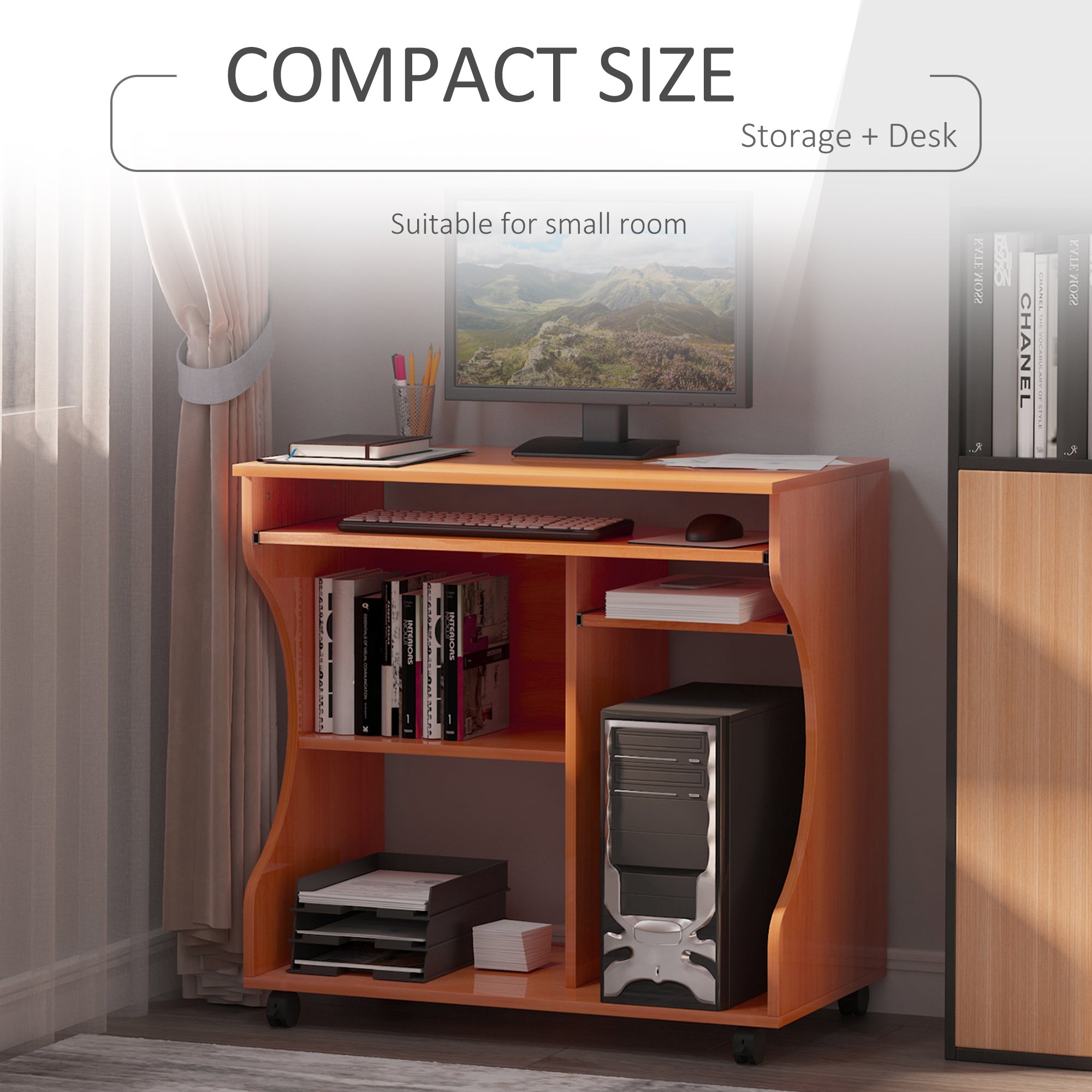 HOMCOM Movable Computer Desk with Sliding Keyboard Tray, PC Laptop Table with Storage Shelves, Workstation on Wheels, 80x48x76cm - North Peak Garden Furniture