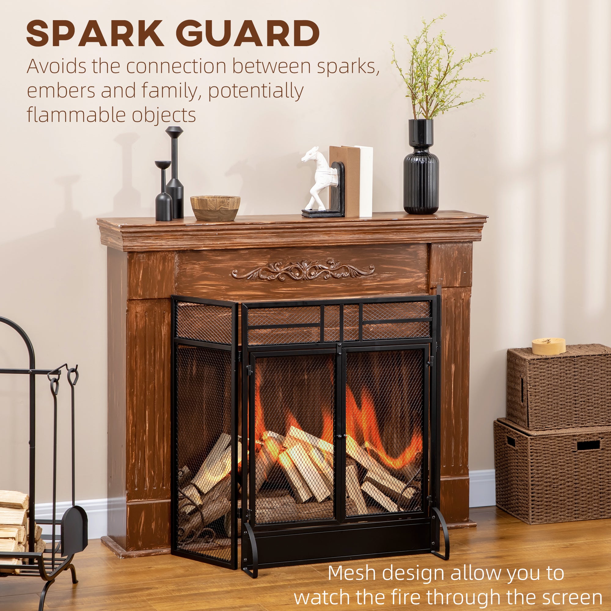 HOMCOM 3-Panel Folding Fireplace Screen with Door, Freestanding Spark Guard, Metal Mesh Fireguard, Black - North Peak Garden Furniture