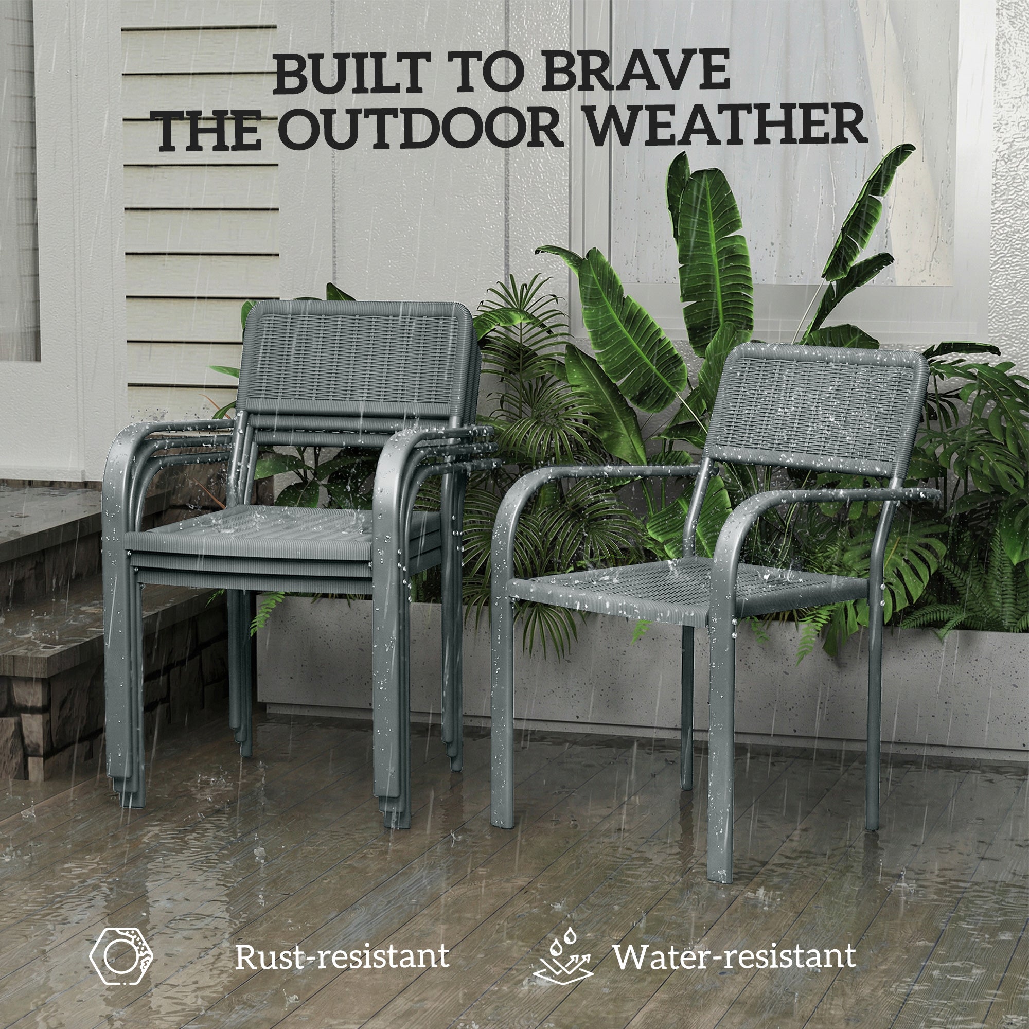 Outsunny Stackable Garden Chairs Set of 4, Rattan Effect Outdoor Dining Chairs, Light Grey