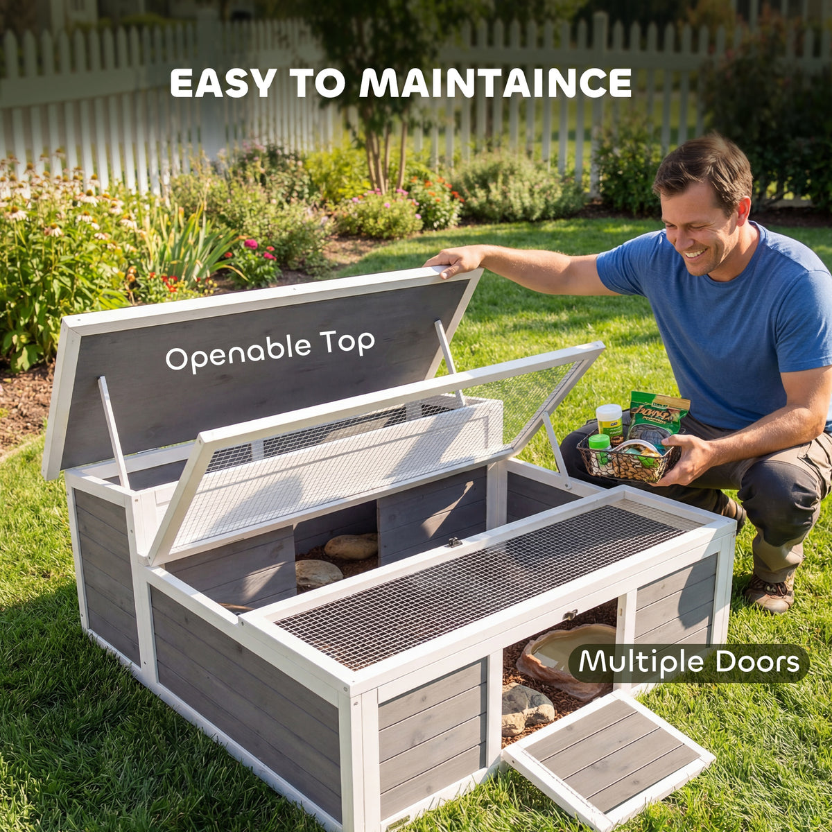 PawHut Wooden Tortoise House, Tortoise Enclosure with Clear Observation Window, Top Opening, Multiple Doors, Galvanised Mesh