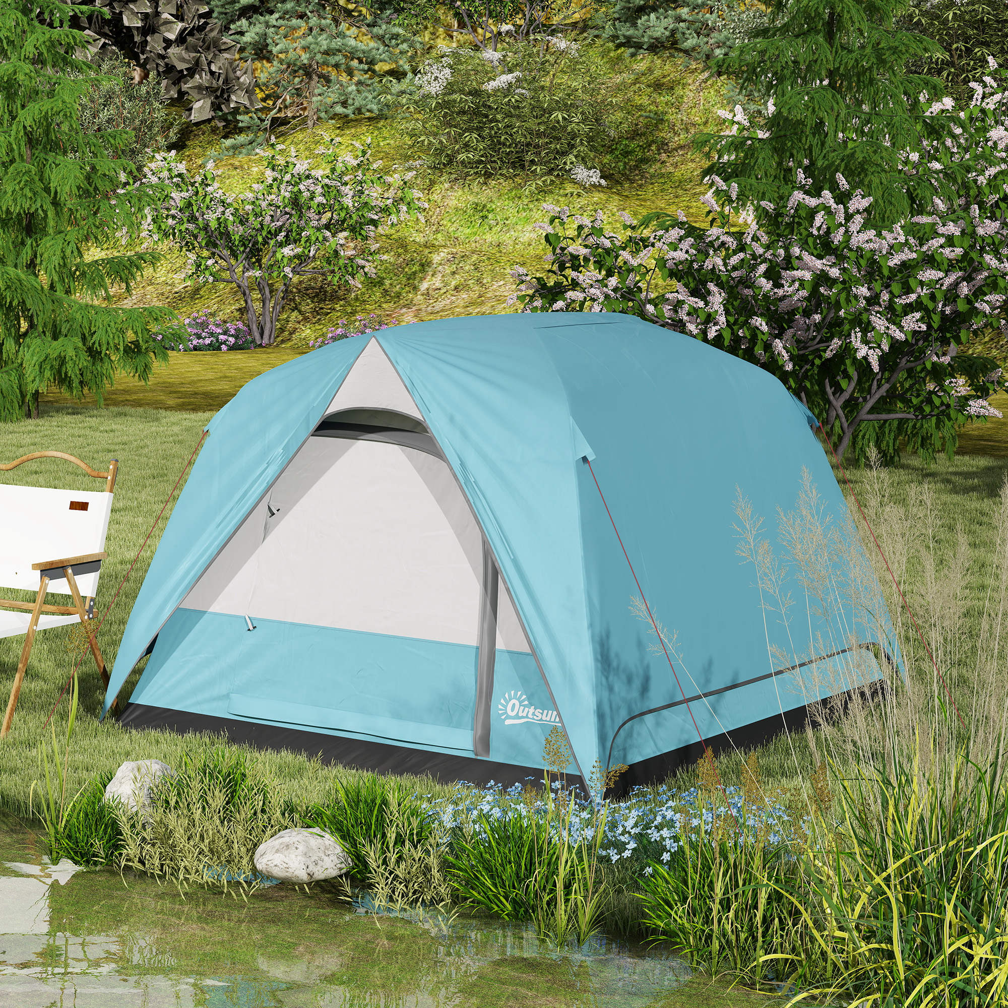 Outsunny 3-4 Person Camping Tent, Easy Set Up Waterproof Dome Tent with Sewn-in Groundsheet, Mesh Windows, Pocket and Hook for Camping, Hiking, Backpacking, Navy Blue and Light Blue - North Peak Garden Furniture