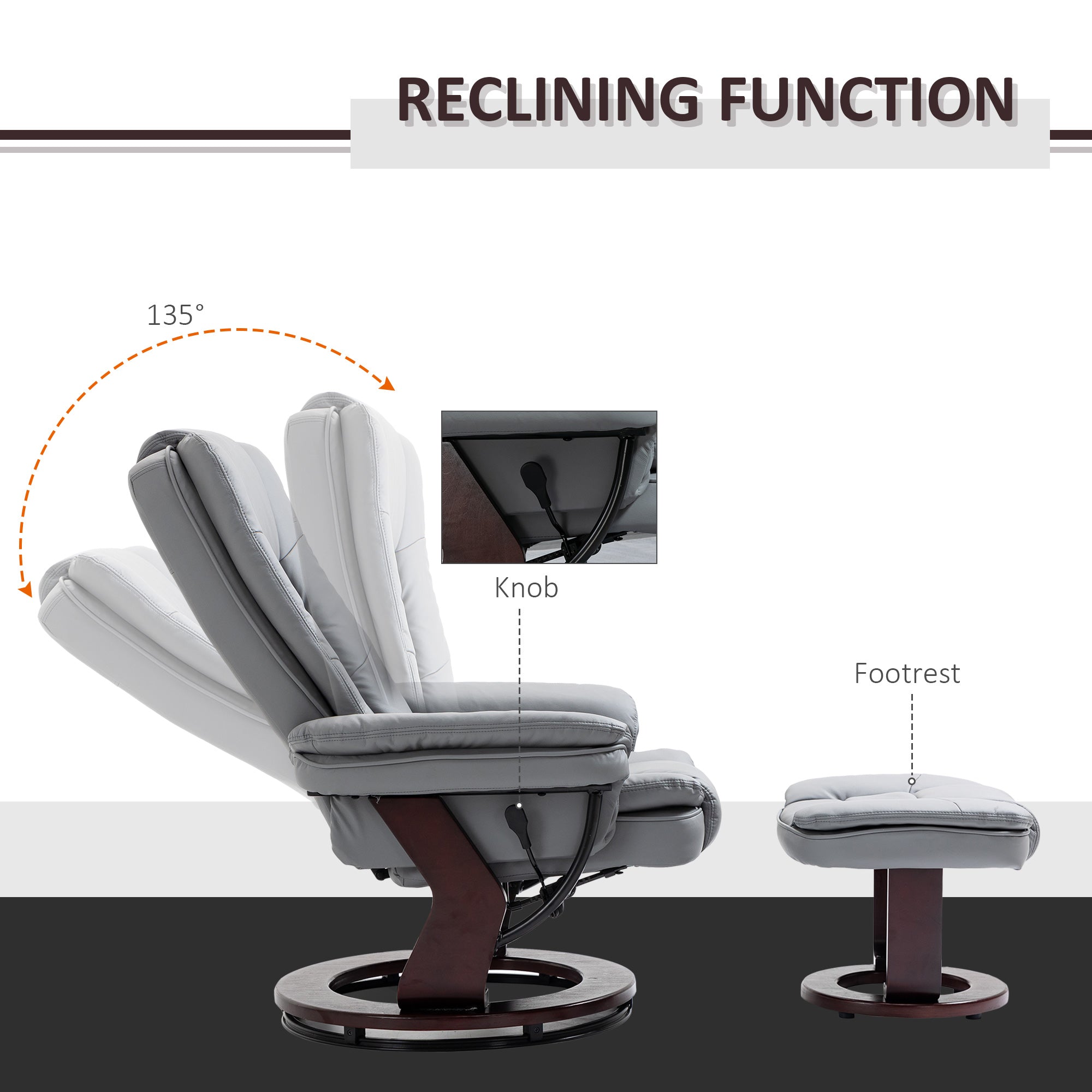 HOMCOM Manual Recliner and Footrest Set PU Leather Leisure Lounge Chair Armchair with Swivel Wood Base, Grey - North Peak Garden Furniture