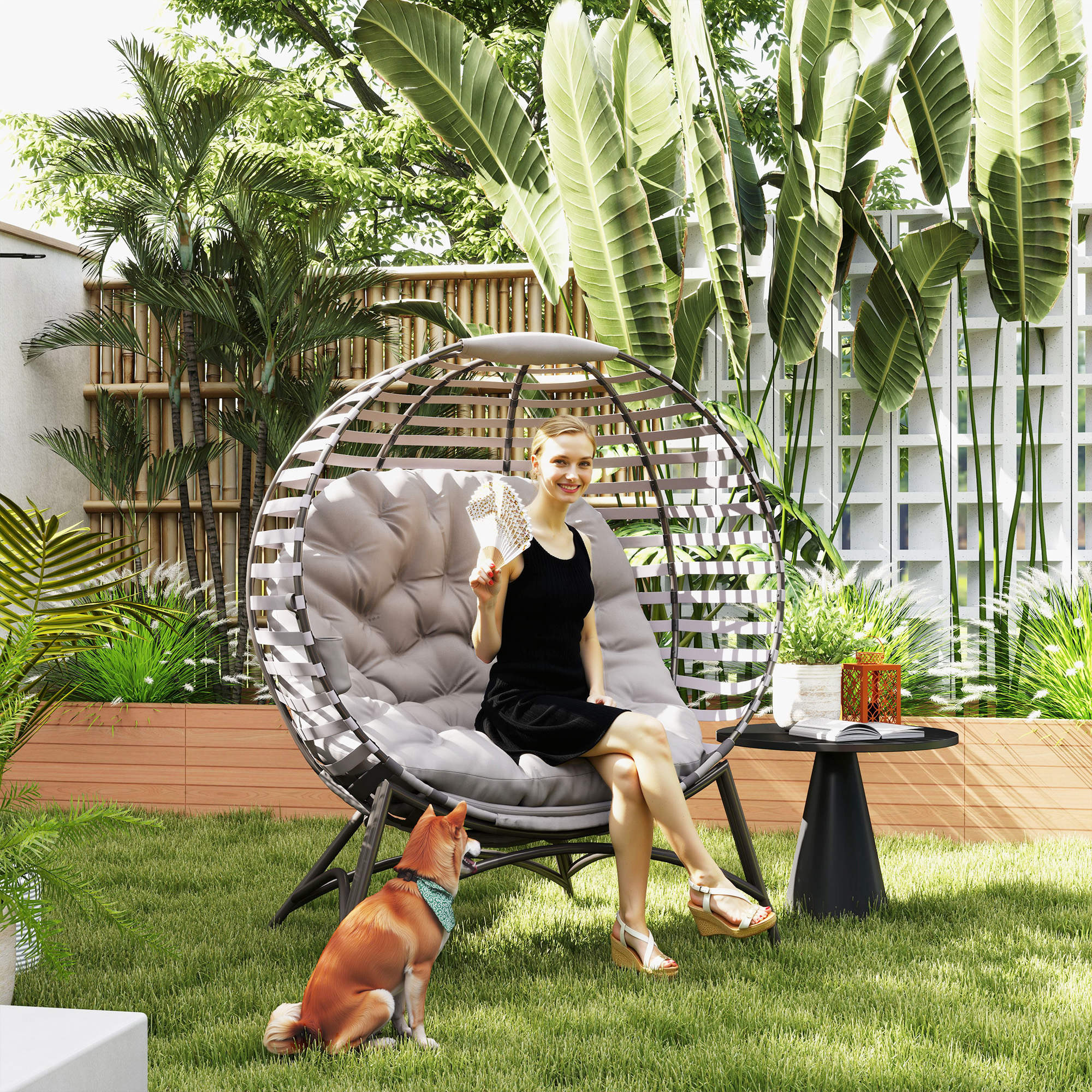 Outsunny Egg Chair with Cushion & Side Pocket - Light Grey - North Peak Garden Furniture
