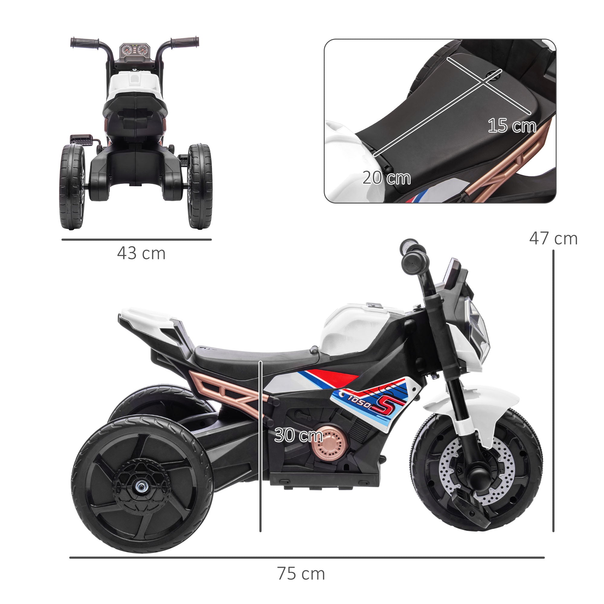 AIYAPLAY Motorcycle Design, 3 in 1 Toddler Trike, Sliding Car, Balance Bike with Headlight, Music, Horn, White - North Peak Garden Furniture