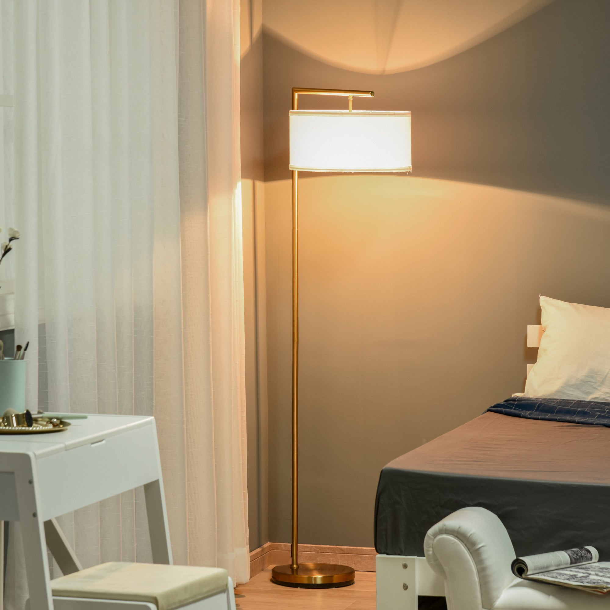HOMCOM Floor Lamp, Modern Standing Light with Linen Lampshade, Round Base for Living Room, Bedroom, Dining Room, 153cm, Gold and White - North Peak Garden Furniture
