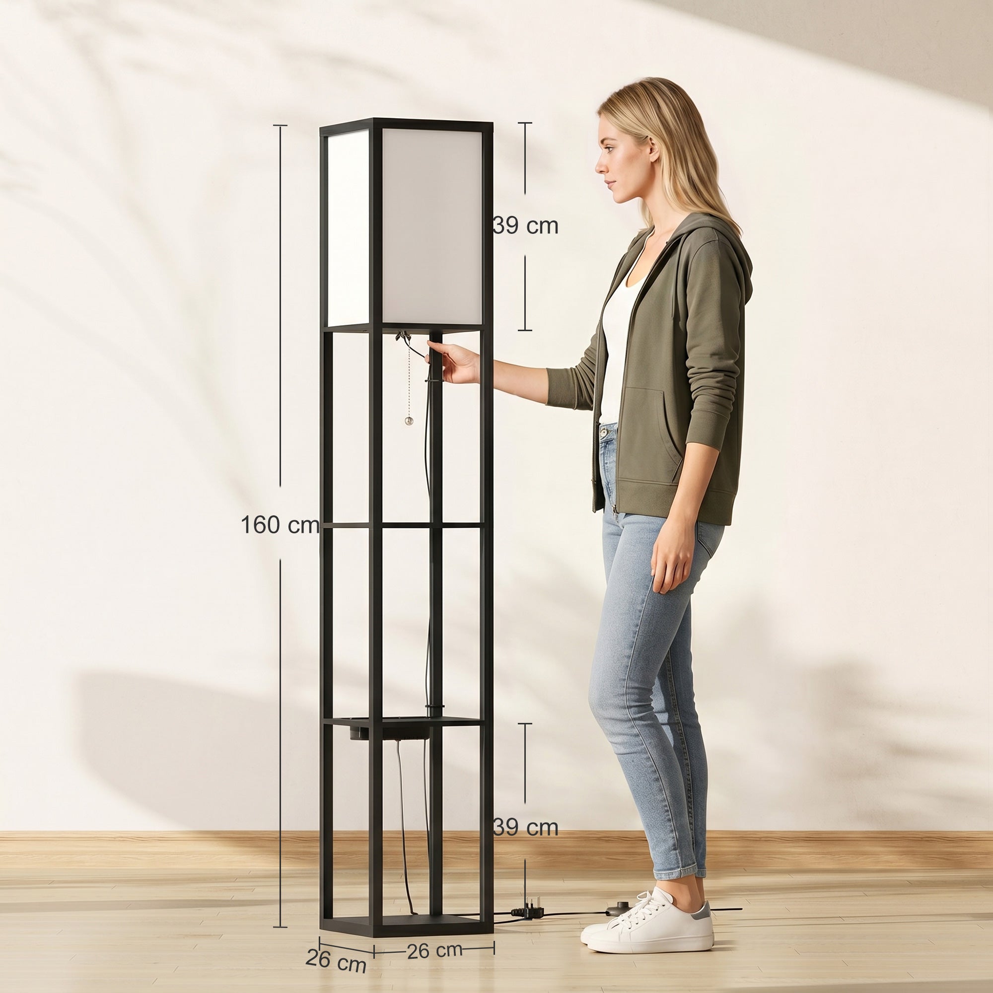 HOMCOM Floor Lamp with Shelves, 3 Layer Column Modern Standing Lamp for Living Room, Bedroom, Office, Black