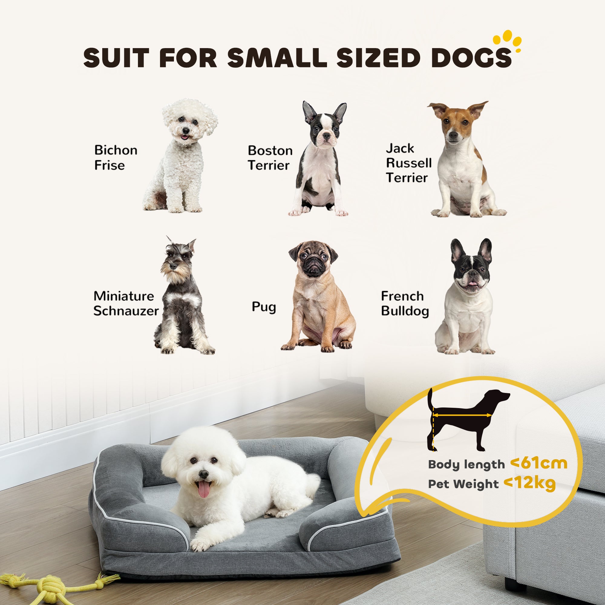 PawHut Dog Sofa Bed, Washable Pet Bed with Removable Cover and Non-Slip Bottom for Cats and Small Dogs, Grey