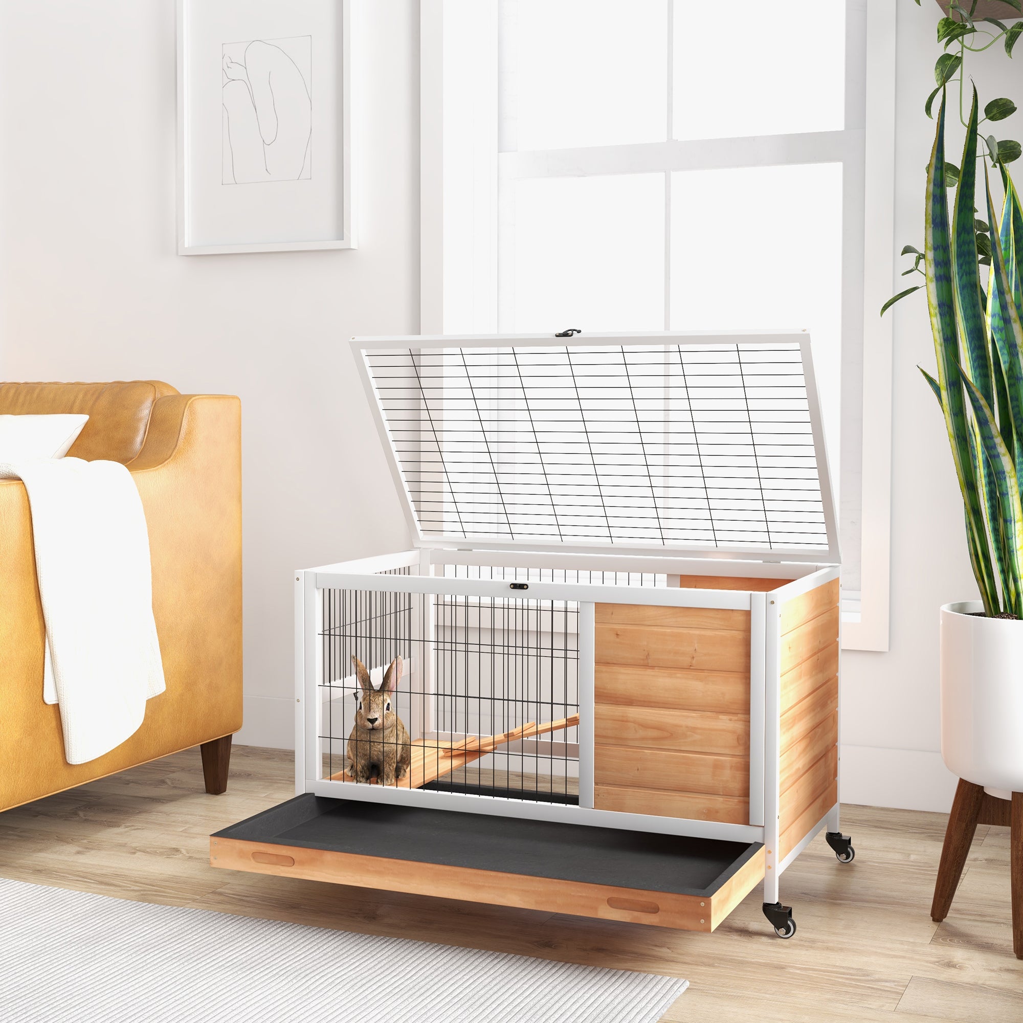PawHut Wooden Guinea Pig Hutch, 2-Floor Bunny Cage w/ Enclosed Run Area, Yellow - North Peak Garden Furniture