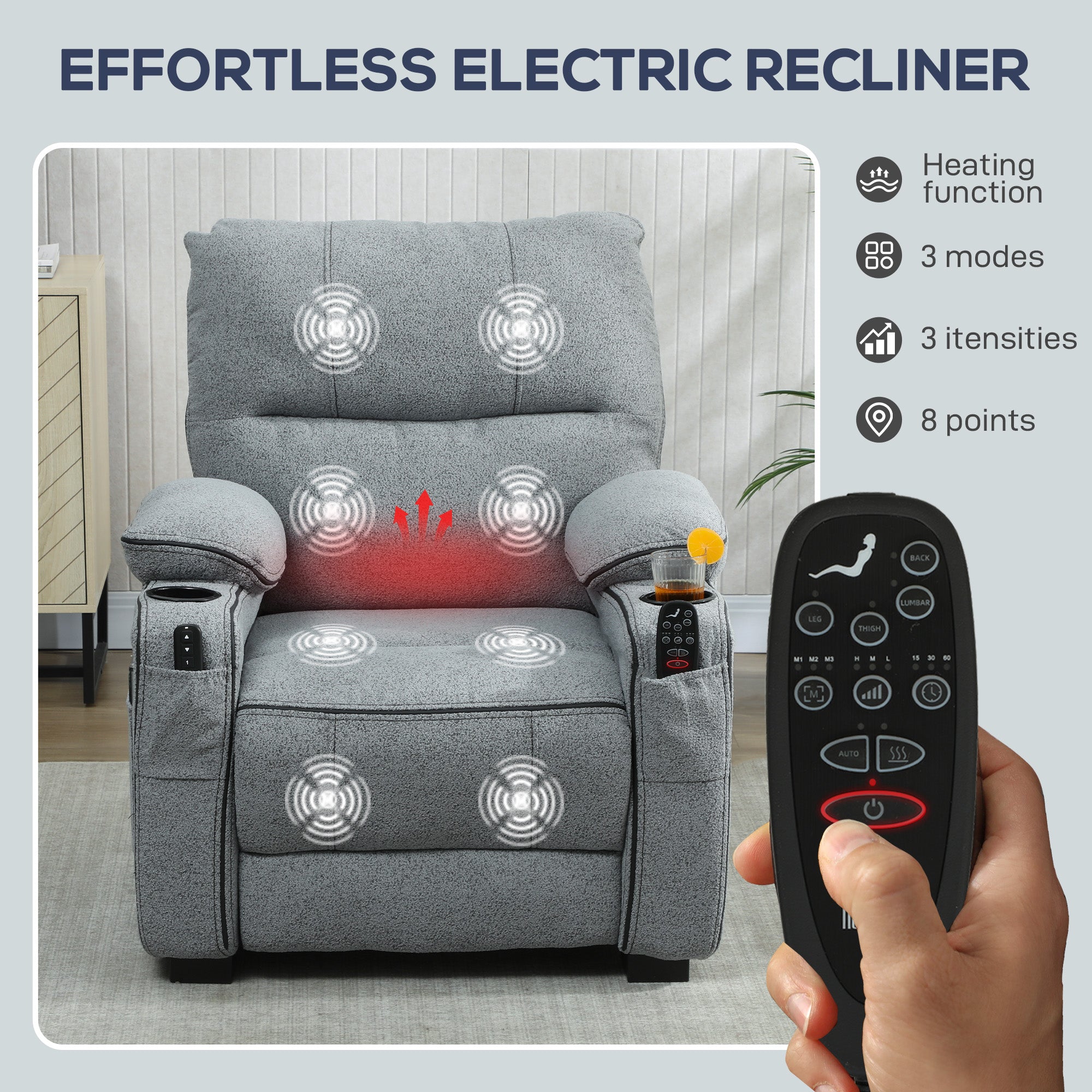 HOMCOM Electric Massage Recliner Armchair with Vibration, Heat, Whisper-Quiet Motor, Memory Function, Velvet Power Reclining Chair with Spring Pack, USB Port, Footrest, Side Pocket, Cup Holders, Grey