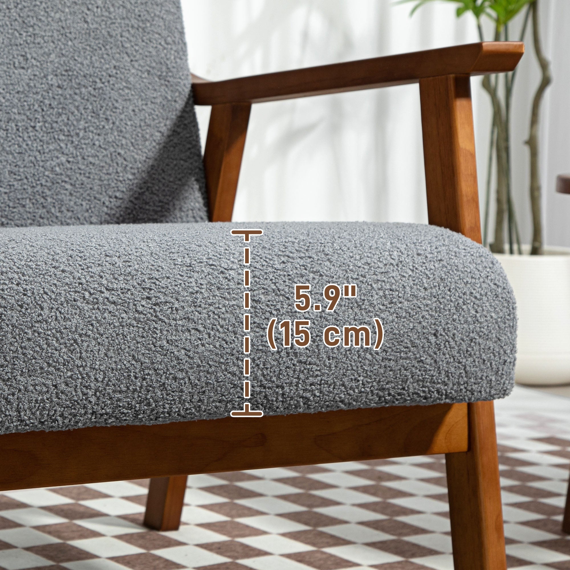 HOMCOM Armchair with Wide Seat, Boucle Accent Chair, Thick Padded Occasional Chair with Solid Wood Frame for Living Room Bedroom Home Office Reception Balcony, Grey - North Peak Garden Furniture