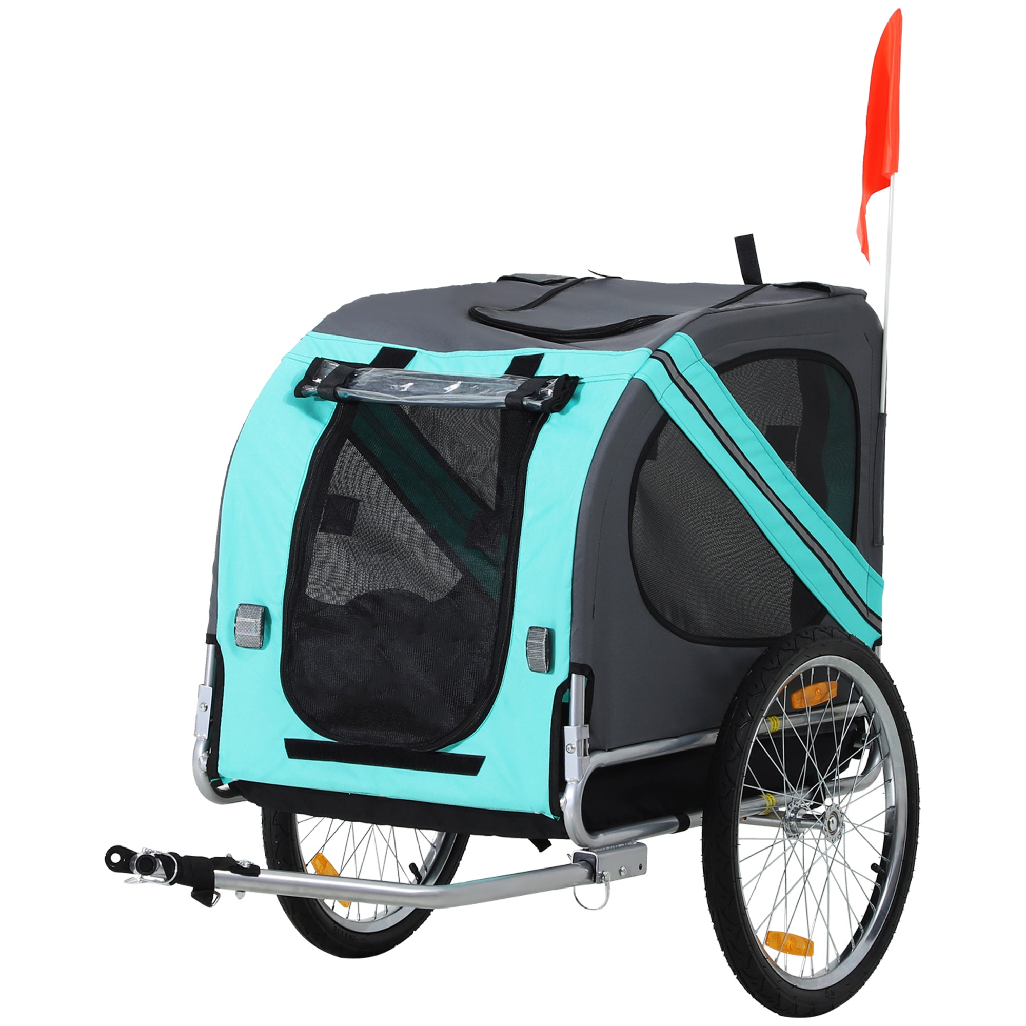 PawHut Folding Dog Bike Trailer Pet Cart Carrier for Bicycle Travel in Steel Frame with Hitch Coupler - Light Blue & Grey - North Peak Garden Furniture