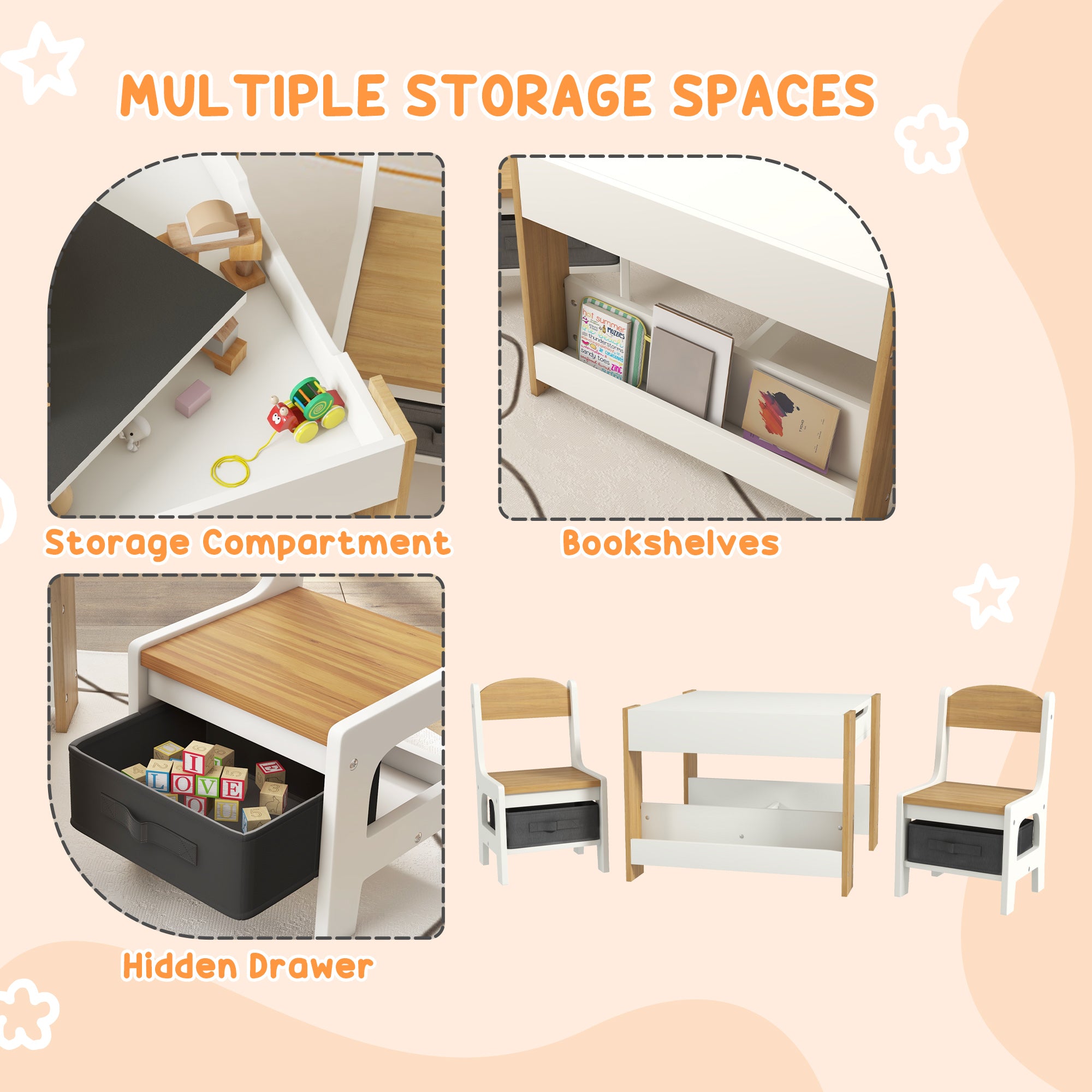 HOMCOM Three-Piece Kids Table and Chair Set with Blackboard, Storage, Bookshelves - Natural Wood - North Peak Garden Furniture