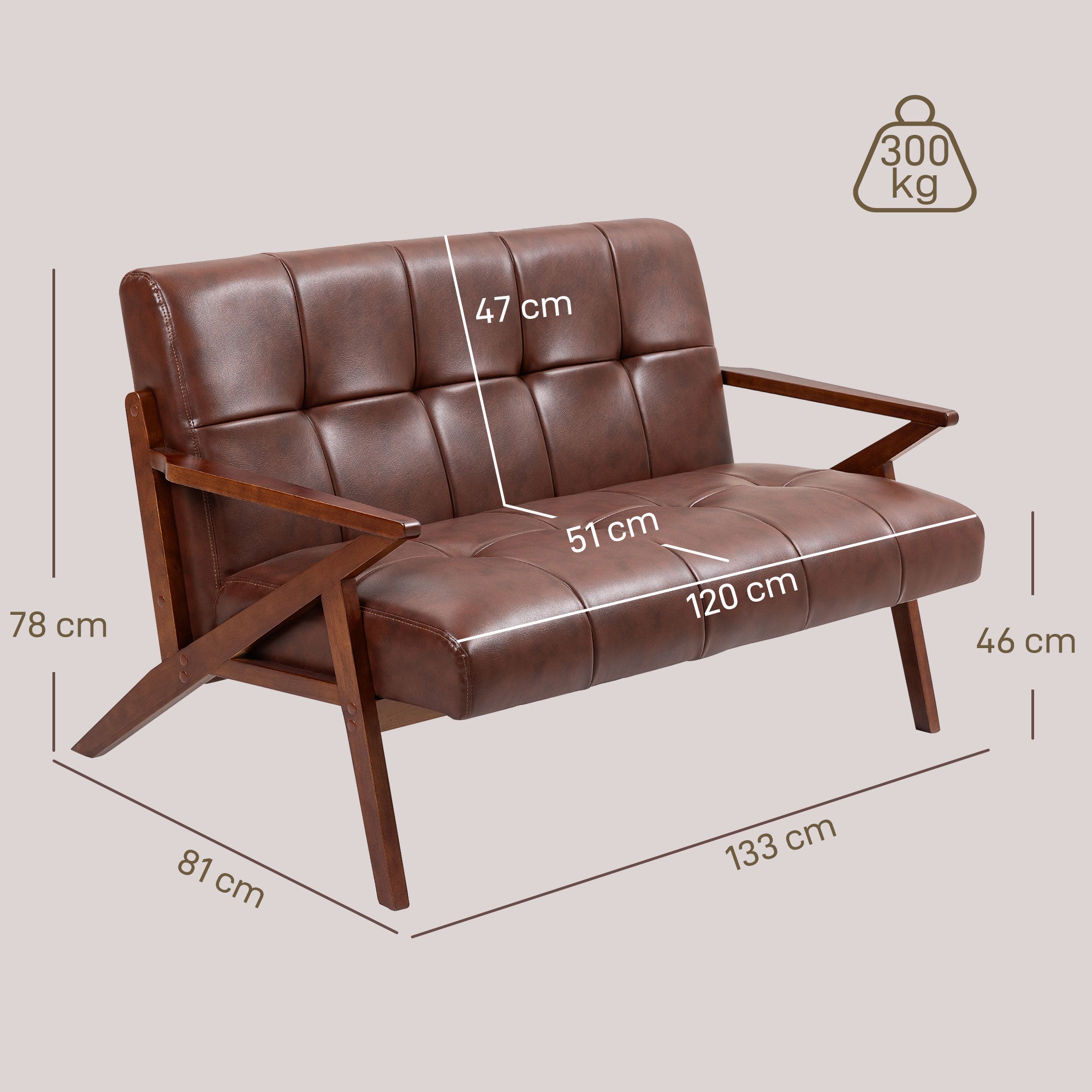 HOMCOM Compact 2 Seater Sofa, Vintage Tufted Loveseat Sofa with Solid Wood Legs, PU Leather Small Couch Settee for Living Room, Bedroom, Home Office, 133 x 81 x 785 cm, Brown