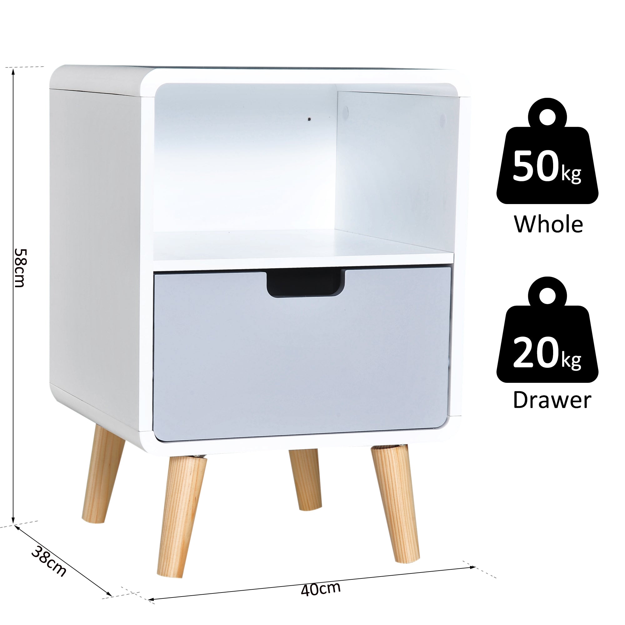 HOMCOM Wooden Bedside Table End Nightstand With Drawer Wood Lamp Desk Storage Unit Bedroom Scandinavian Nordic Style - North Peak Garden Furniture