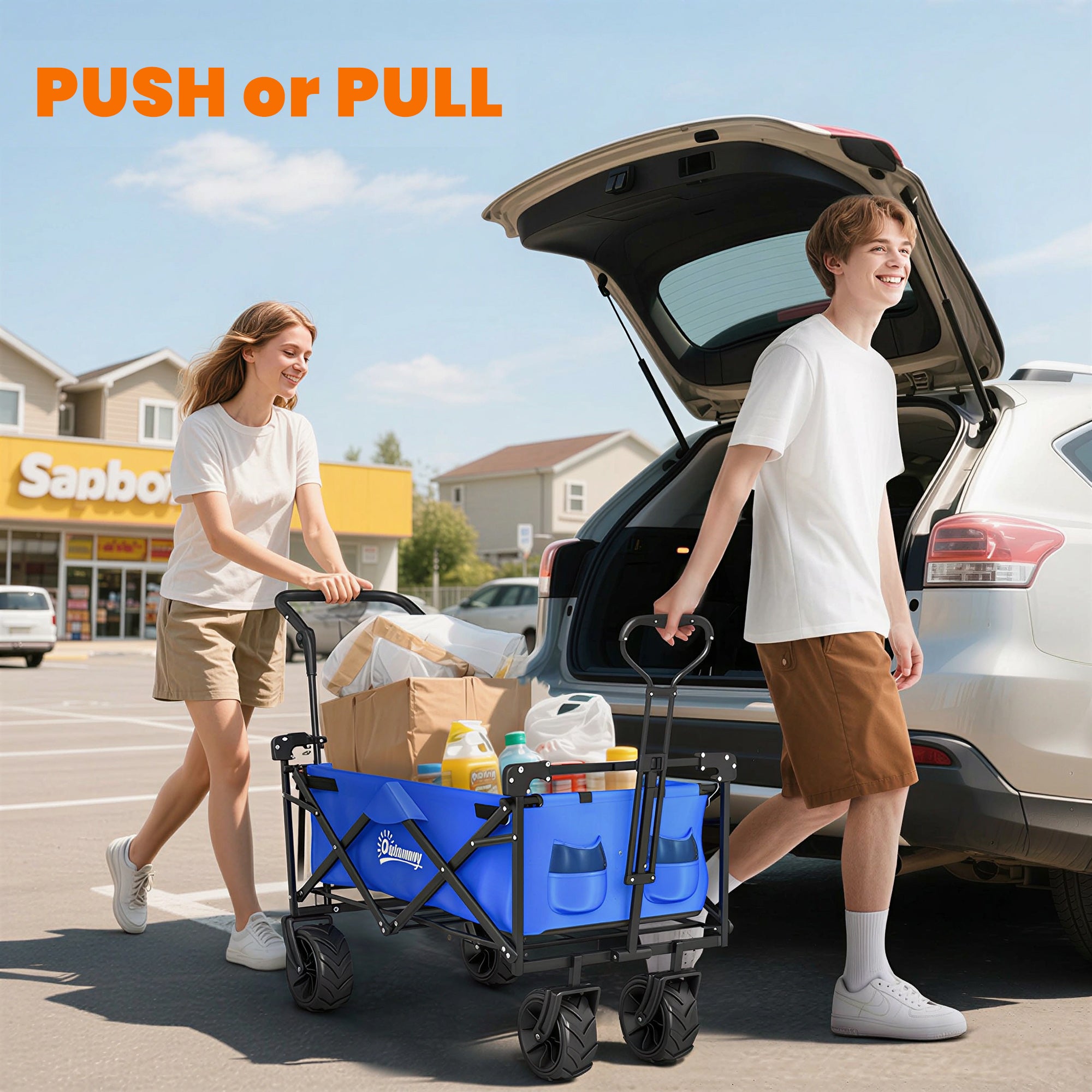 Outsunny Folding Trolley Cart Storage Wagon Beach Trailer 4 Wheels with Handle Overhead Canopy Cart Push Pull for Camping, Blue