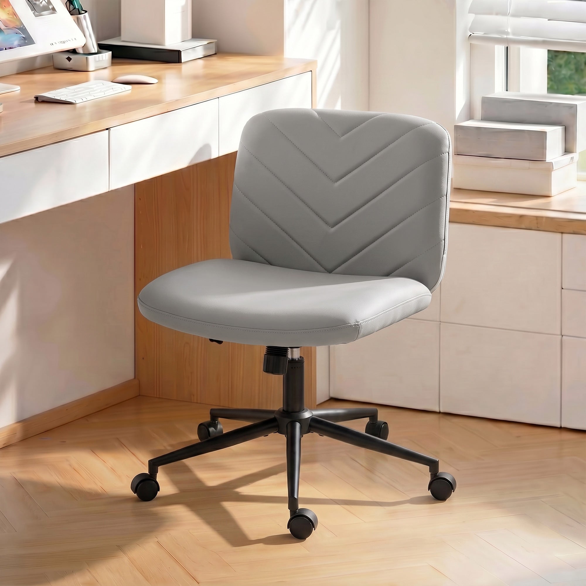HOMCOM Home Office Desk Chair Height Adjustable Swivel Chair Cross Legged Wide Seat Swivel Wheels Grey