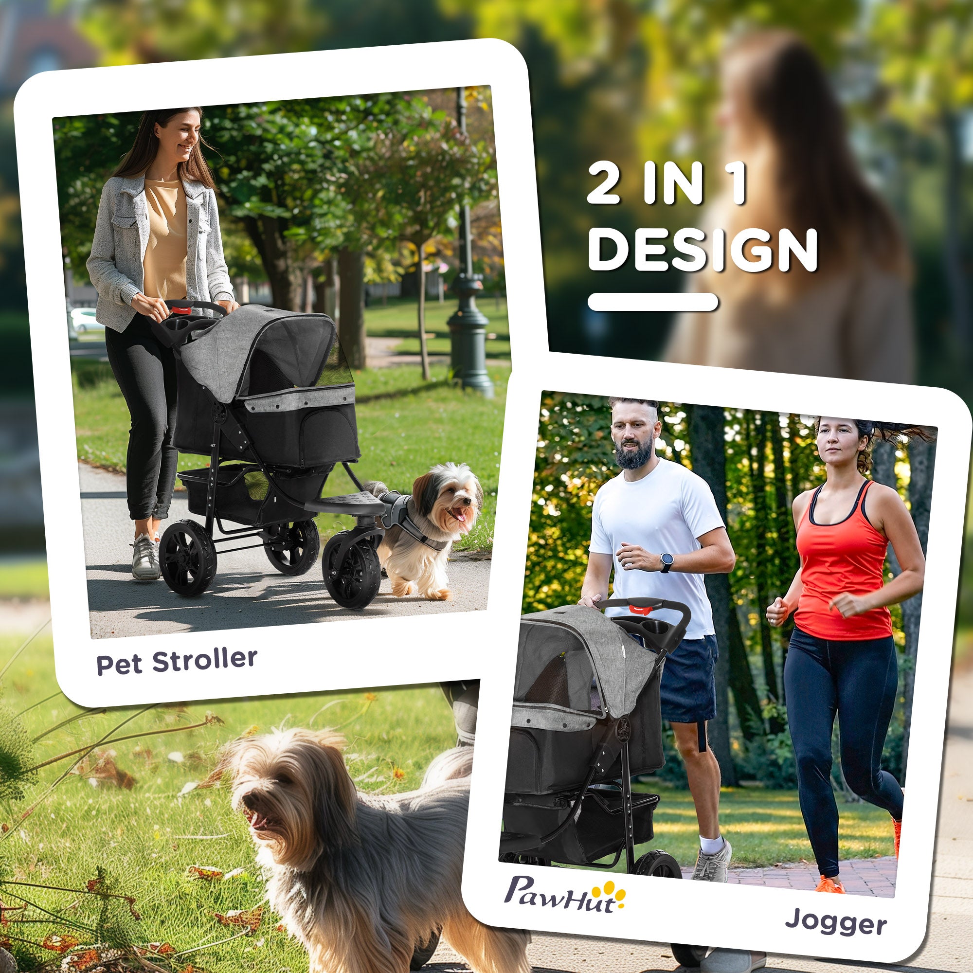 PawHut Dog Pushchair Folding Pet Stroller 3 Wheel Dog Jogger Travel Carrier Adjustable Canopy Storage Brake Mesh Window Grey