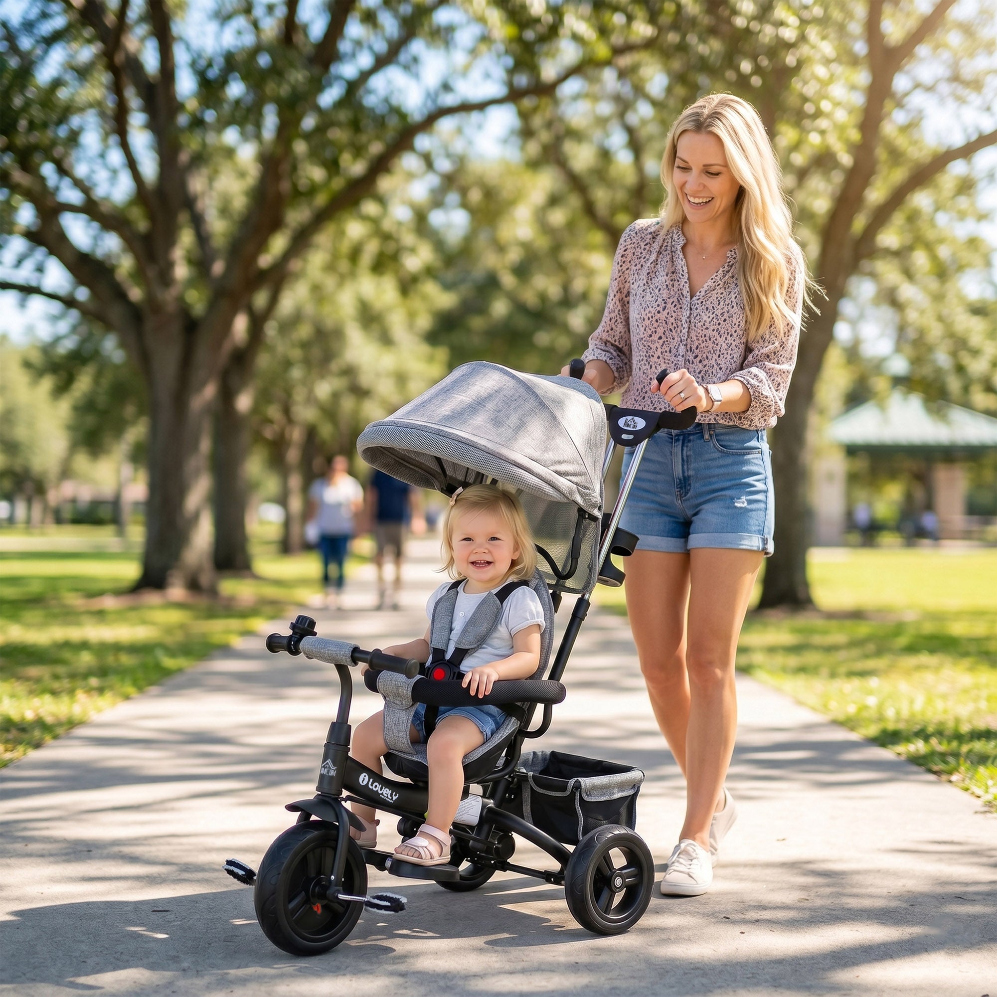 HOMCOM 6 in 1 Kids Trike Push Bike w/ Push Handle, Canopy, 5-point Safety Belt, Storage, Footrest, Brake, for 1-5 Years, Grey
